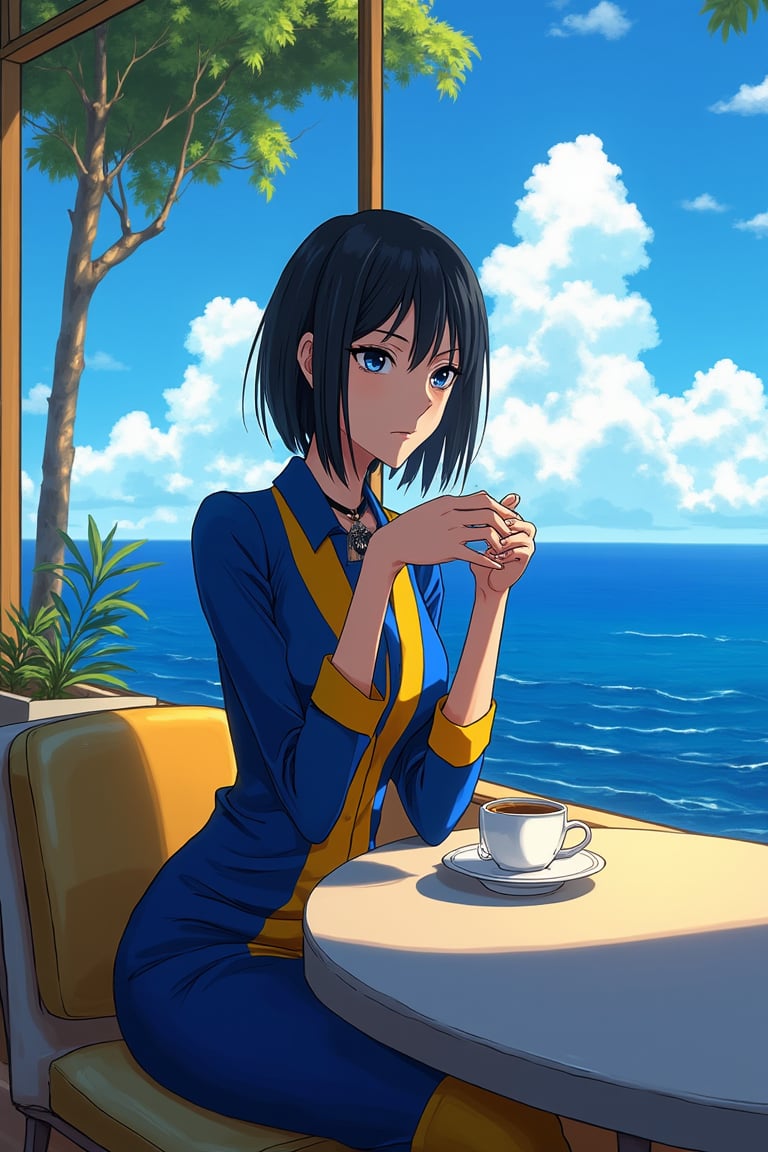 Anime of Kuchiki Rukia drinking coffee in an oceanview cafe.exquisite face,elegant dress in the style of modern fashion,(royal blue and yellow color),(anime style by makoto shinkai's artworks:1.3),detailed,sharp focus,high contrast,rule of thirds,chiaroscuro lighting,ek_an1_b00ster