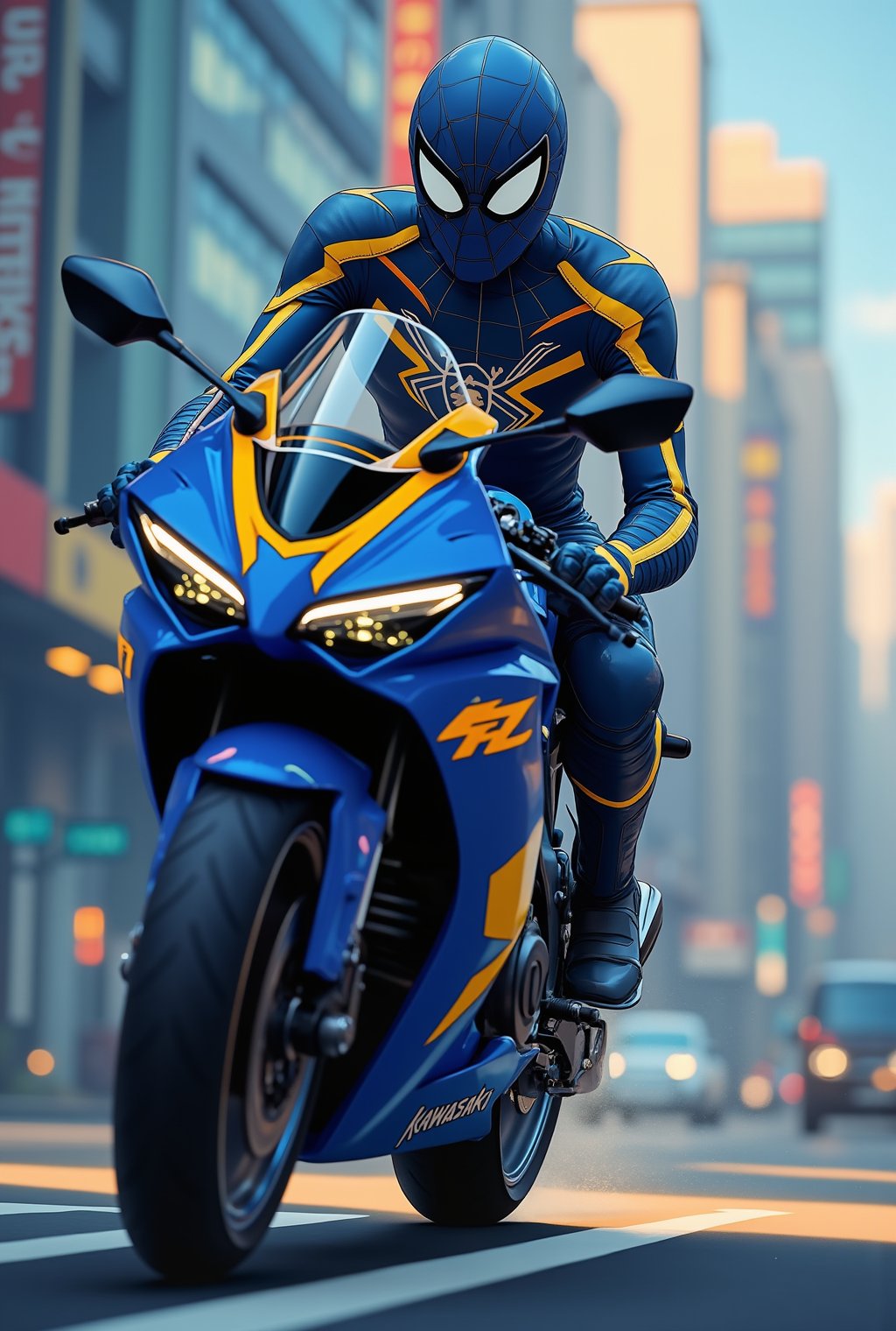 Anime of a spiderman riding a bike,kawasaki ninja h2r,(cobalt blue, yellow and cream colors),blurry city street,by the style of hayao miyazaki,makoto shinkai and ghibli,realistic,detailed,sharp focus,high contrast,rule of thirds,chiaroscuro lighting,ek_art_b00ster,ek_an1_b00ster