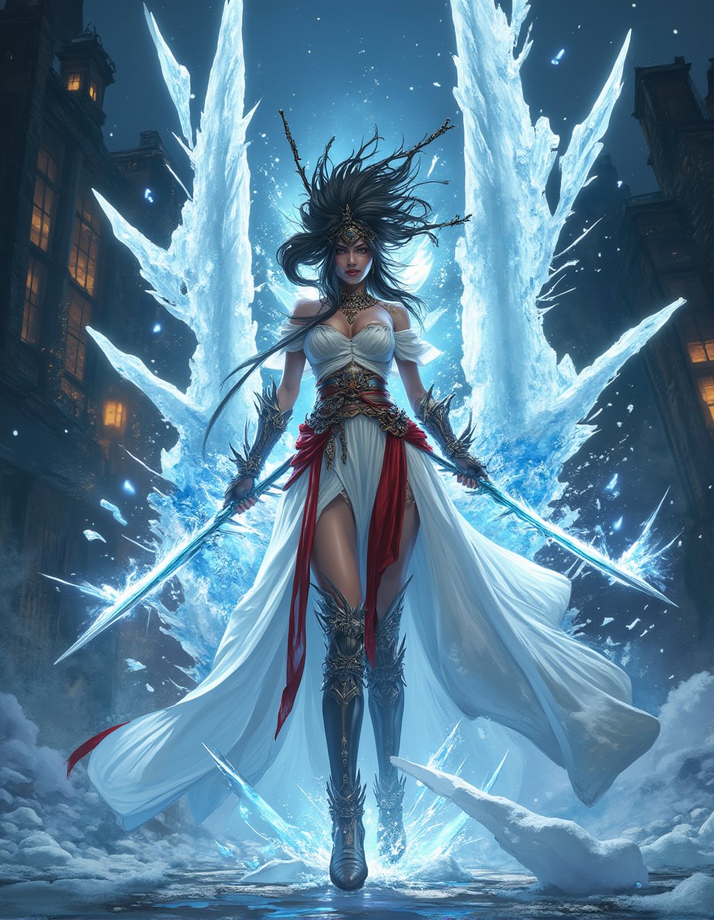 a beautiful ice sorceress \(ek_ges1ba\) attacking enemy with ice blasts,detailed exquisite face,ek_game_3ffect,dynamic pose,ice elemental effects forming sharp ice pillars towards enemy,dark city street,puddles,mint white and red clothes,ek_art_b00ster,ink style