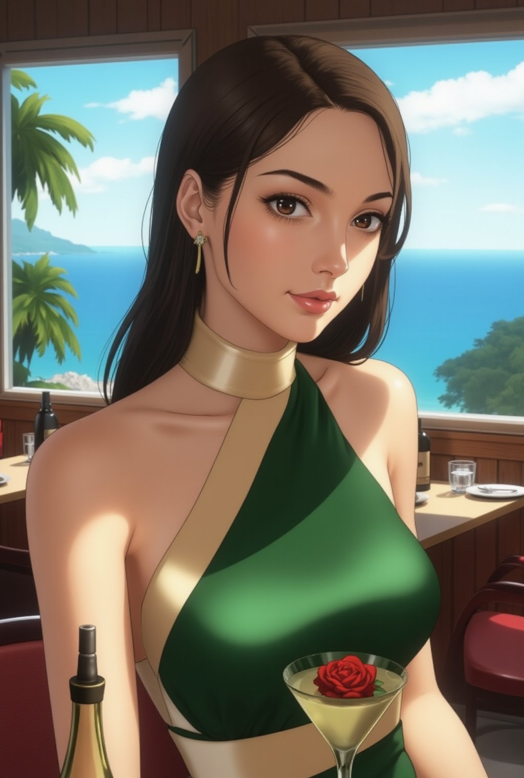 Anime of a beautiful woman in a cafe,gal gadot  lookalike,exquisite face,soft shiny skin,elegant dress,[modern green,hazel brown and cream colors],backdrop of oceanview cafe,window,table,cocktail,bottle,flower,realistic,detailed,sharp focus,high contrast,rule of thirds,chiaroscuro lighting,by the style of makoto shinkai's artworks,,ek_art_b00ster,ek_an1_b00ster