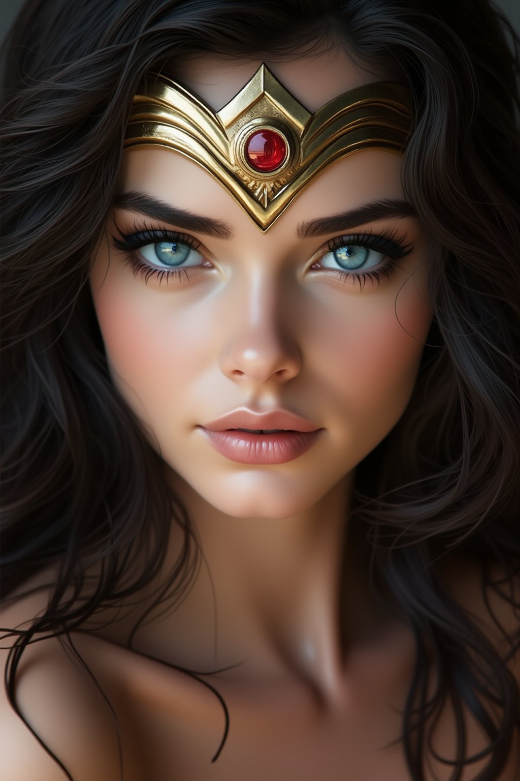 photography of a beautiful european woman portraying Wonder Woman from DC Comics, 25 years old, fit body, detailed symmetric blue eyes with circular iris, gold, stunning face, muscular, body builder, model, mixed materials clothes, perfect detailed face, highly detailed, intricate artwork, masterpiece, epic, 8k, high definition, photograph,FLUX comics style