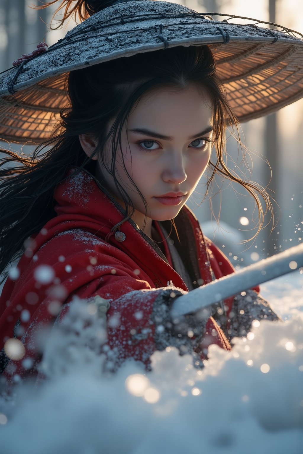 Create a dynamic close-up portrait of a samurai woman in a weathered, broad sedge hat, caught mid-action as she executes a powerful katana strike. The focus is on her intense expression, with sharp, determined eyes partially visible under the shadow of her hat. The katana slices through the icy ground in front of her, sending shards of ice flying in all directions, some of them disintegrating from the sheer force. Her red armor glows subtly in the light of the setting sun, with rays piercing through the ice forest behind her. Her billowing linen cape, frozen in motion, adds a sense of drama. The depth of field should blur the background slightly, emphasizing the photorealistic details of her face, the intricate design of her armor, and the sharpness of the katana. The scene should have a fantasy feel, blending realism with anime-inspired aesthetics, highlighting the beauty and power of the samurai woman.