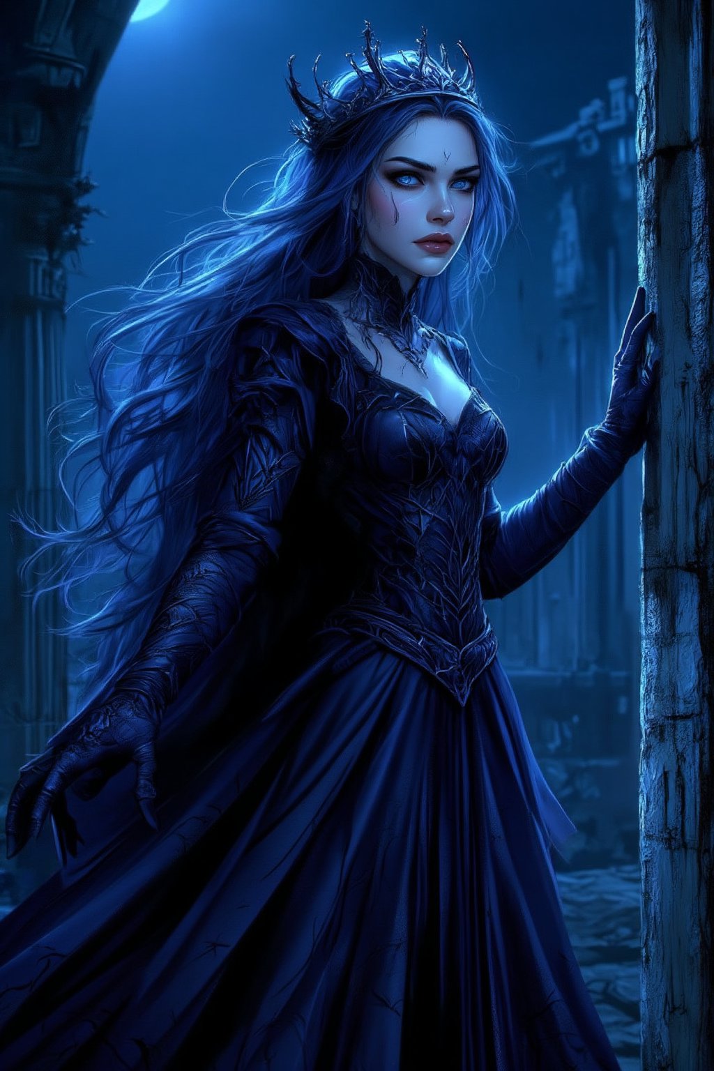 (masterpiece, top quality, best quality, extremely beautiful vampire queen, crown, blue eyes, castle, night, fings, detailed dress, cinematic light, cinematic ,FLUX comics style