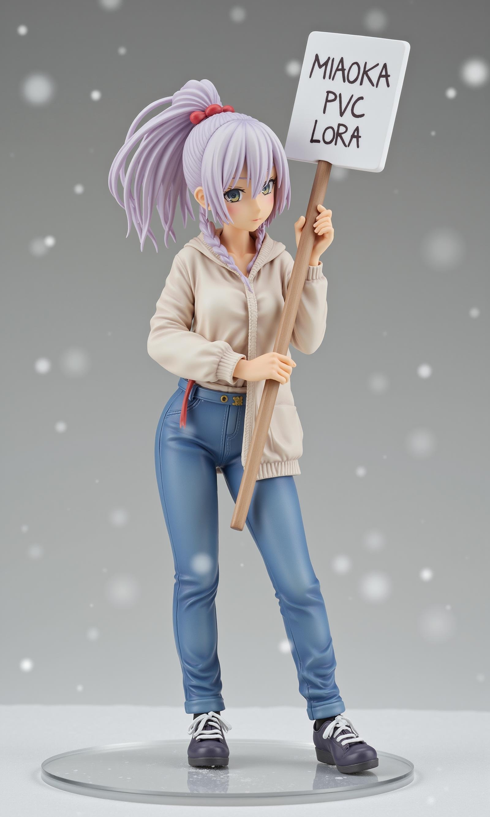 a 3D rendering of a figurine ,1 girl in casual clothing holding (a sign that reads “MIAOKA PVC LORA”,It's snowing). <lora:MiaoKaPVC_flux:0.8>