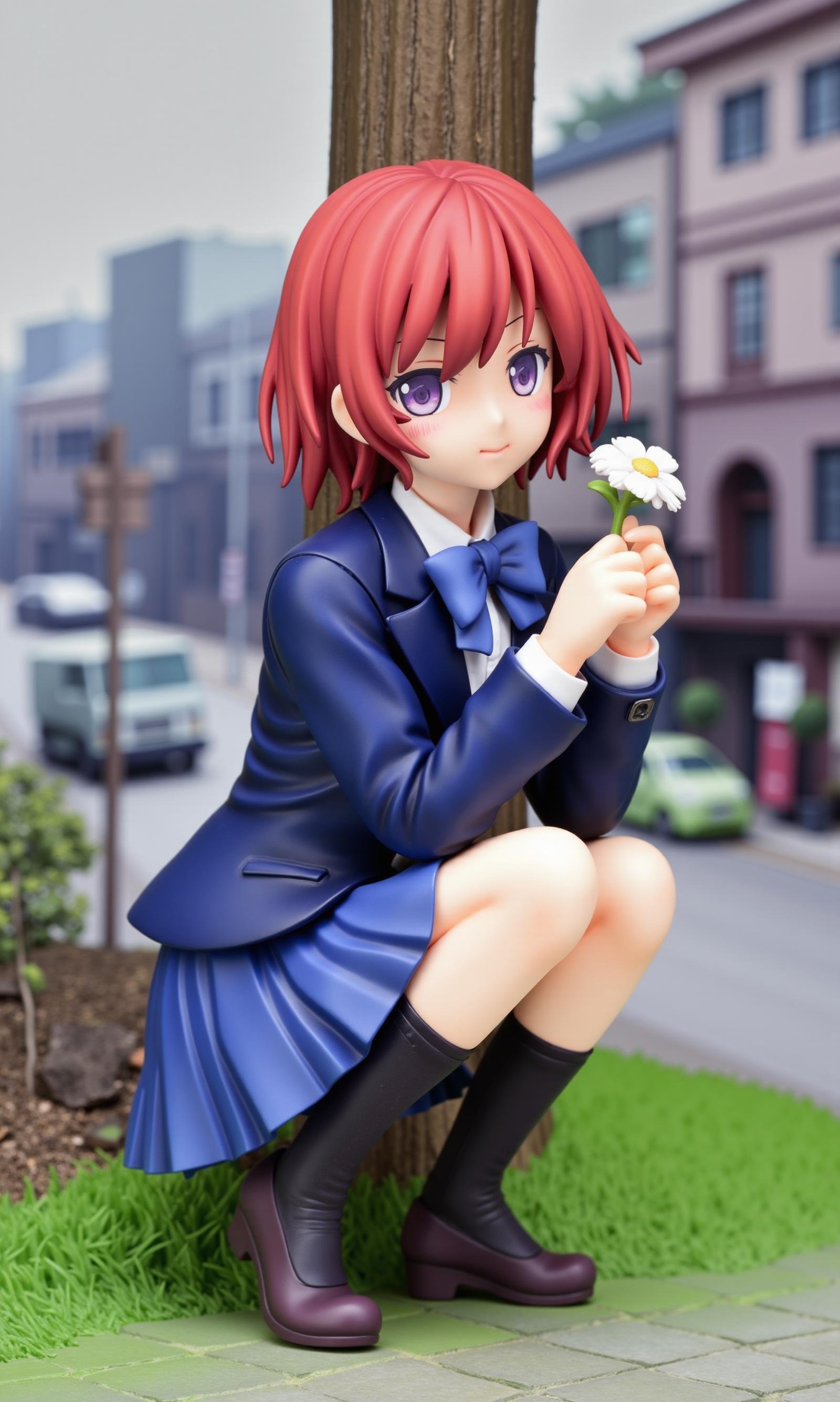 a 3D rendering of a figurine ,nishikino maki, 1girl, solo, looking at viewer, short hair, skirt, long sleeves, holding, bow, jacket, school uniform, purple eyes, flower, outdoors, red hair, pleated skirt, shoes, socks, day, bowtie, blue skirt, tree, blue bow, squatting, blue jacket, black socks, grass, blazer, scenery, motor vehicle, blue bowtie, winter uniform, otonokizaka school uniform, photo background, real world location <lora:MiaoKaPVC_flux:1>