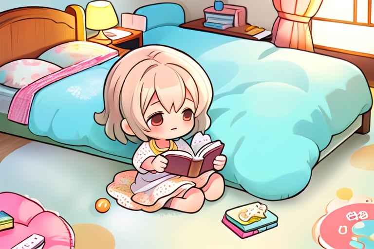 A charming chibi-style illustration of a cozy bedroom at night, designed for a children's picture book. The room is illuminated by soft, warm lighting, creating a serene and inviting atmosphere. The bed is neatly arranged, with a book resting on the covers, suggesting a bedtime ritual. The floor is dotted with an assortment of toys, reflecting a child's playful space. Xiaoya, the 7-year-old girl, is seated on the bed, her attention focused on the book in her hands, her expression one of quiet contentment. Meanwhile, her younger brother, Xiaole, is on the floor, immersed in play, his face showing the pure delight of a child at play. The illustration is executed with clear, simple lines and a white background, making it both visually engaging and appropriate for young audiences. The image size is tailored to fit the dimensions of a children's book, ensuring it is both accessible and appealing to its intended readers.