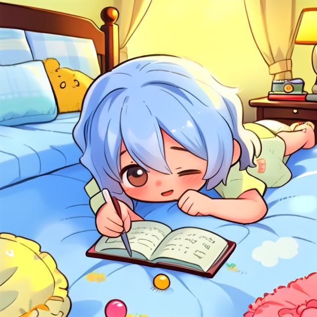 A heartwarming chibi-style illustration in a children's picture book format, capturing a cozy bedroom scene at night. The room is bathed in soft, warm lighting, creating a comforting ambiance. The bed is neatly made, with a book casually placed on it, hinting at bedtime stories. The floor is delightfully strewn with various toys, adding a playful touch. Xiaoya, the 7-year-old girl, is depicted sitting on the bed, engrossed in a book, her expression one of concentration and joy. Nearby, her younger brother, Xiaole, is happily playing with his toys, his face alight with childlike wonder. The illustration is rendered with clear, simple lines and a white background, ensuring it is both visually appealing and suitable for young readers. The image size is thoughtfully designed to fit seamlessly within the layout of a children's book.