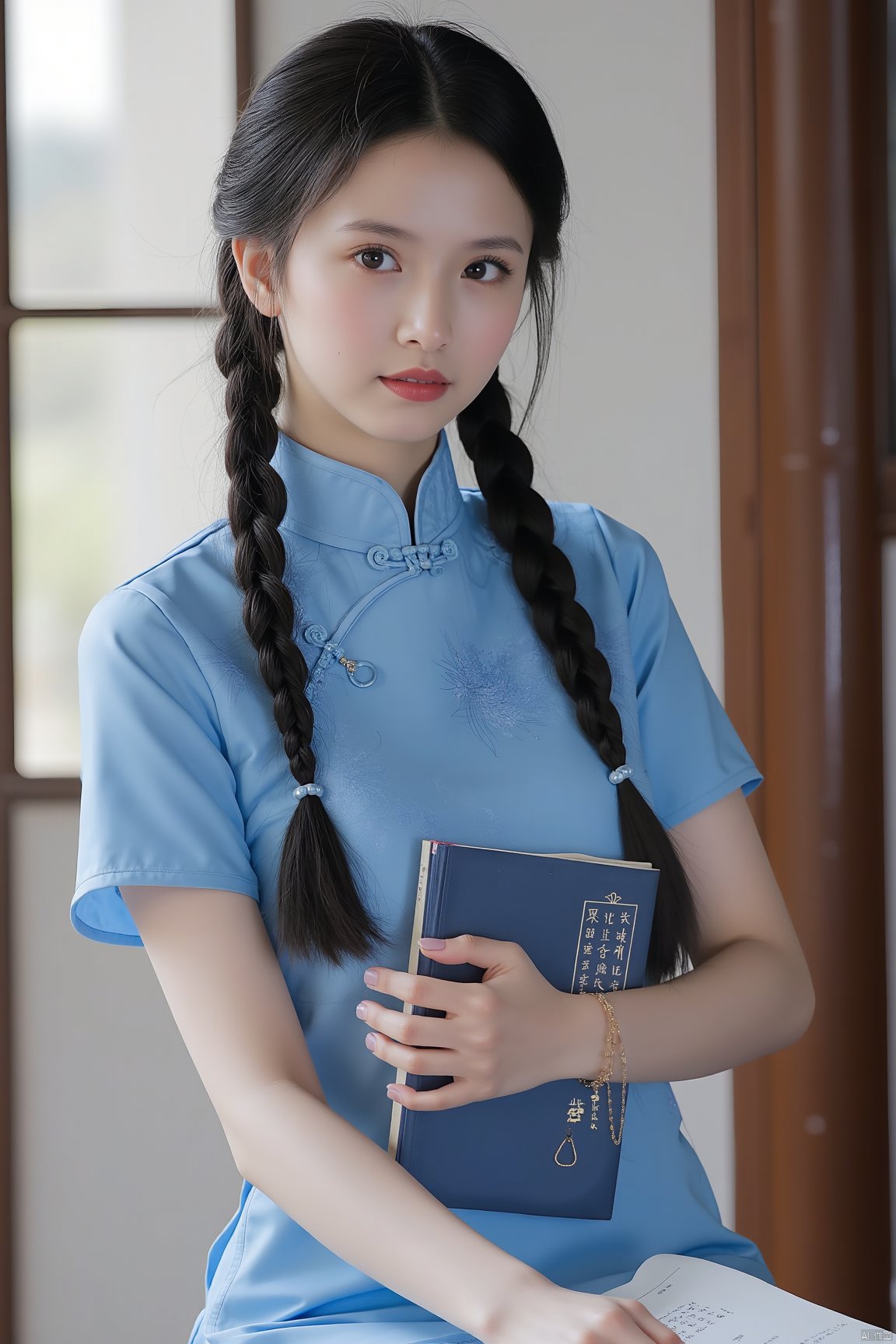 1girl, solo, long hair, looking at viewer, black hair, dress, holding, jewelry, sitting, upper body, braid, earrings, parted lips, indoors, twin braids, book, window, blue dress, chinese clothes, china dress, hair over shoulder, holding book, realistic