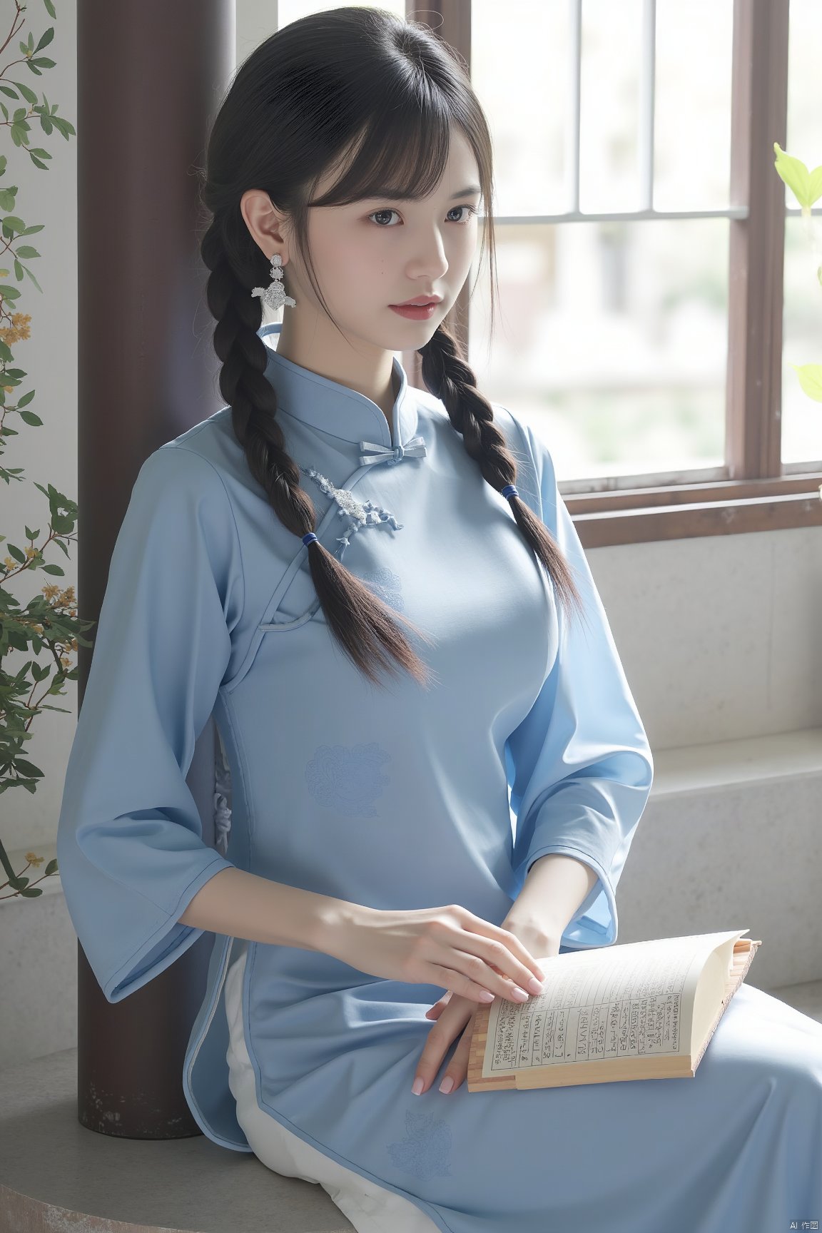 1girl, solo, long hair, looking at viewer, black hair, dress, holding, jewelry, sitting, upper body, braid, earrings, parted lips, indoors, twin braids, book, window, blue dress, chinese clothes, china dress, hair over shoulder, holding book, realistic