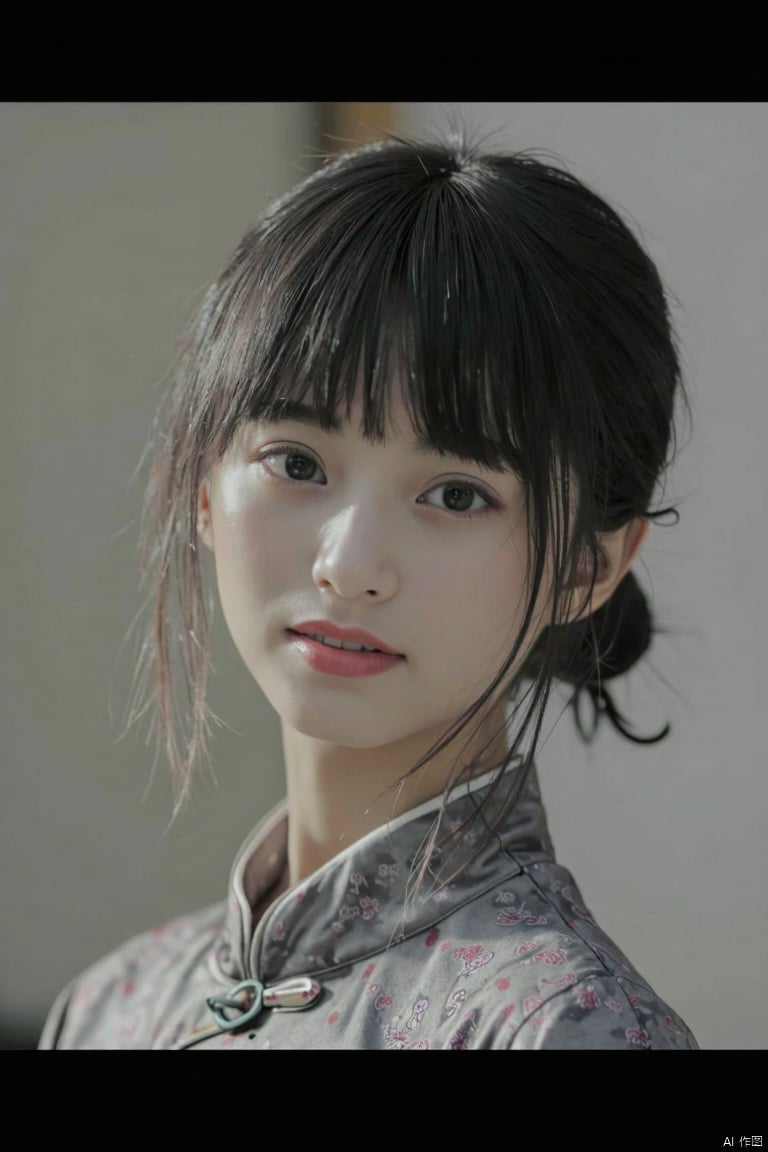 1girl, solo, looking at viewer, short hair, bangs, black hair, dress, upper body, parted lips, hair bun, blurry, black eyes, lips, blurry background, chinese clothes, single hair bun, letterboxed, animal print, china dress, realistic