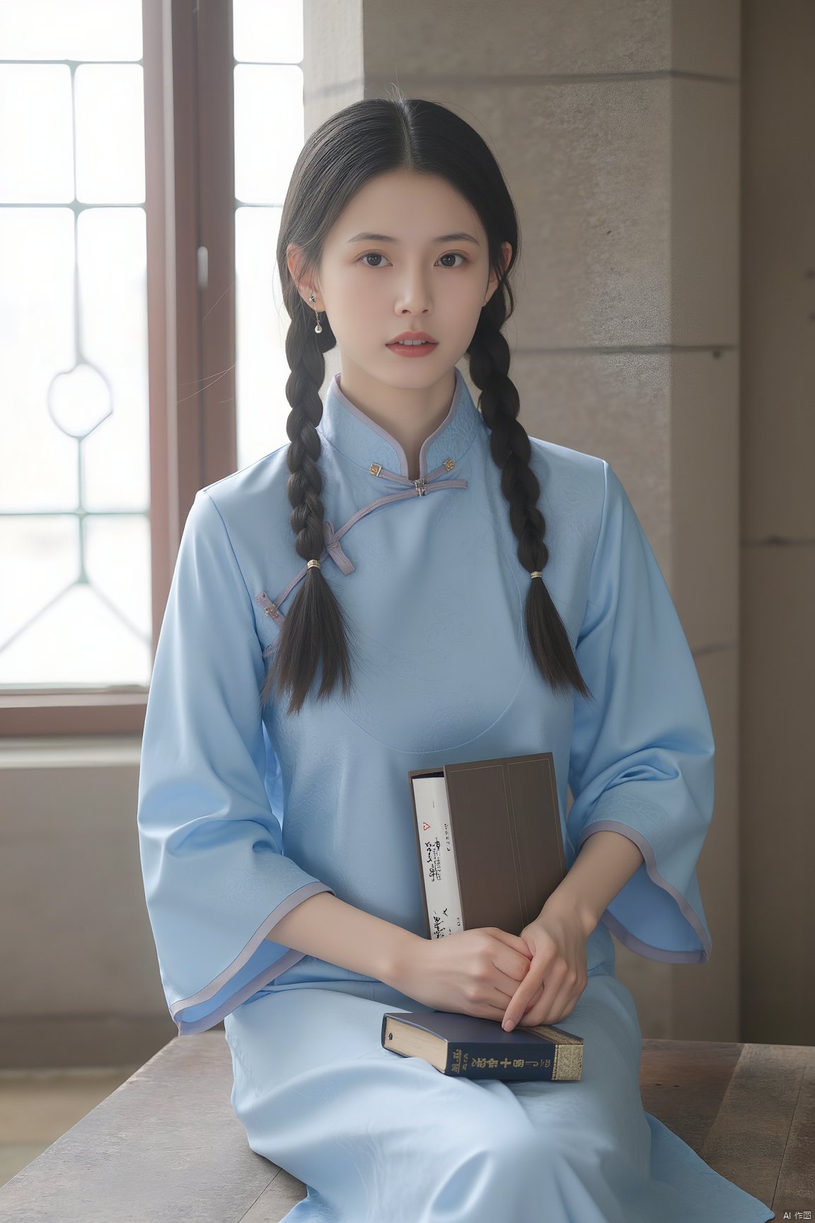 1girl, solo, long hair, looking at viewer, black hair, dress, holding, jewelry, sitting, upper body, braid, earrings, parted lips, indoors, twin braids, book, window, blue dress, chinese clothes, china dress, hair over shoulder, holding book, realistic