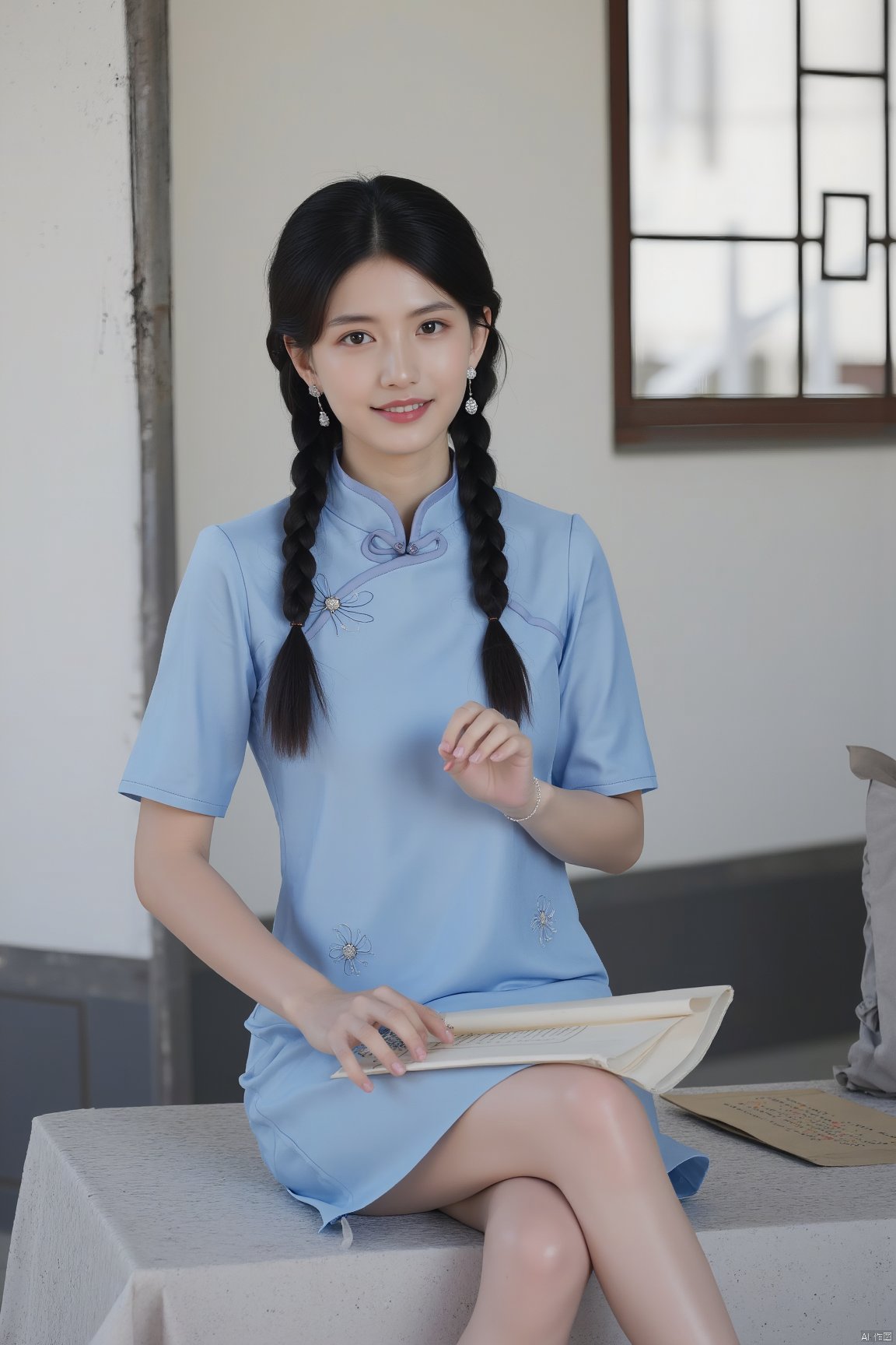 1girl, solo, long hair, looking at viewer, black hair, dress, holding, jewelry, sitting, upper body, braid, earrings, parted lips, indoors, twin braids, book, window, blue dress, chinese clothes, china dress, hair over shoulder, holding book, realistic