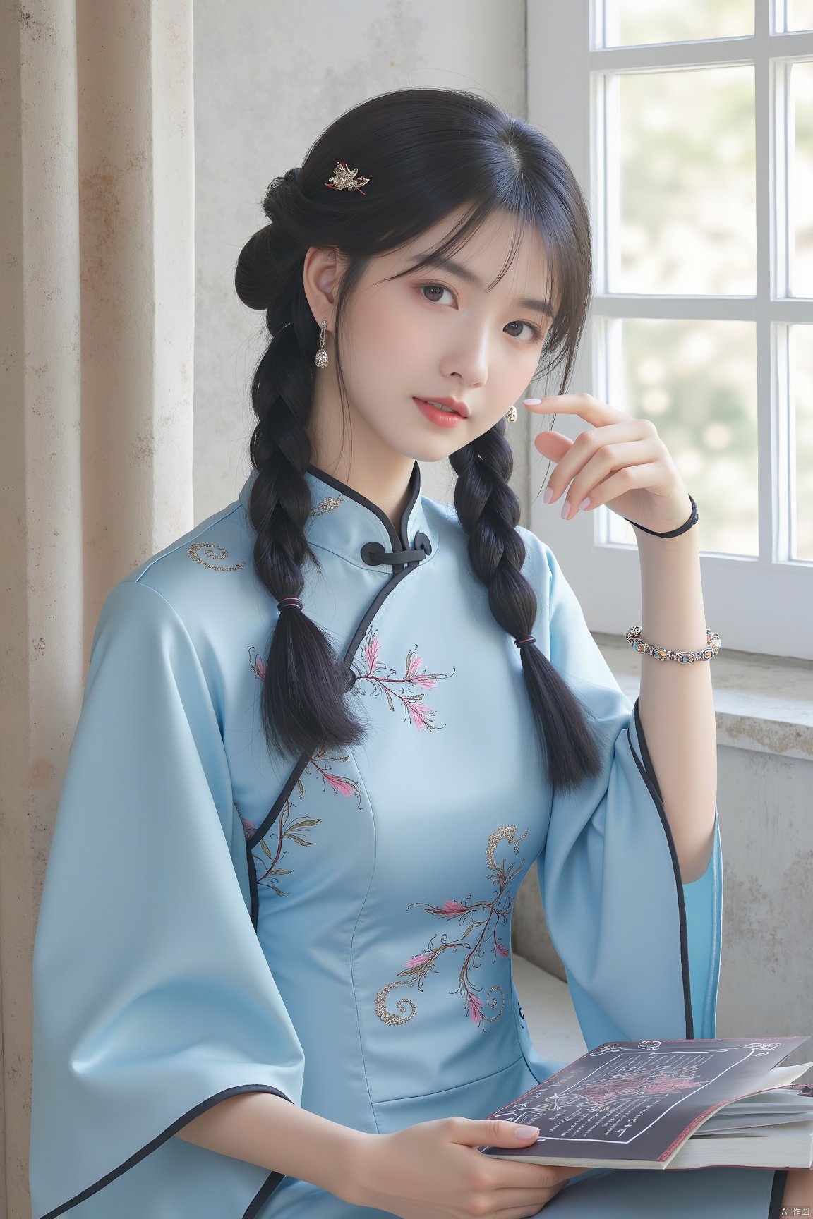 1girl, solo, long hair, looking at viewer, black hair, dress, holding, jewelry, sitting, upper body, braid, earrings, parted lips, indoors, twin braids, book, window, blue dress, chinese clothes, china dress, hair over shoulder, holding book, realistic