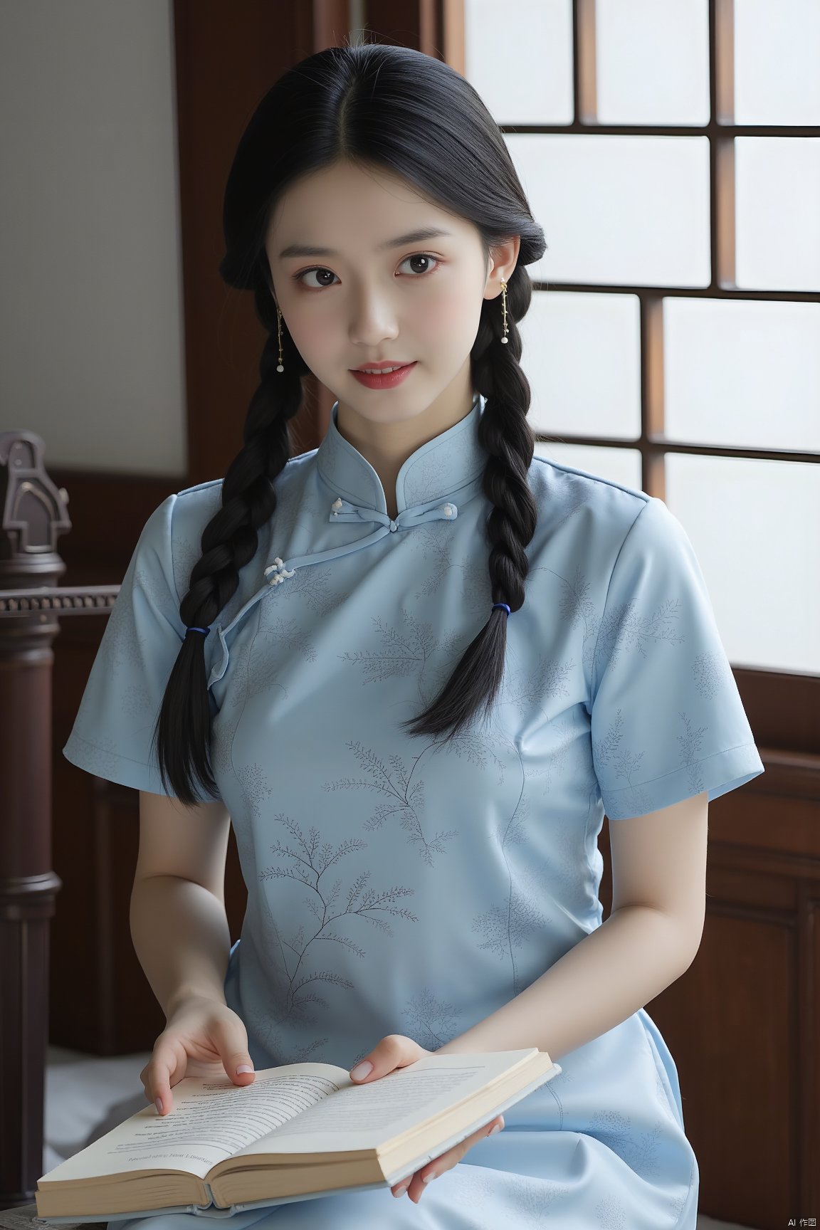 1girl, solo, long hair, looking at viewer, black hair, dress, holding, jewelry, sitting, upper body, braid, earrings, parted lips, indoors, twin braids, book, window, blue dress, chinese clothes, china dress, hair over shoulder, holding book, realistic