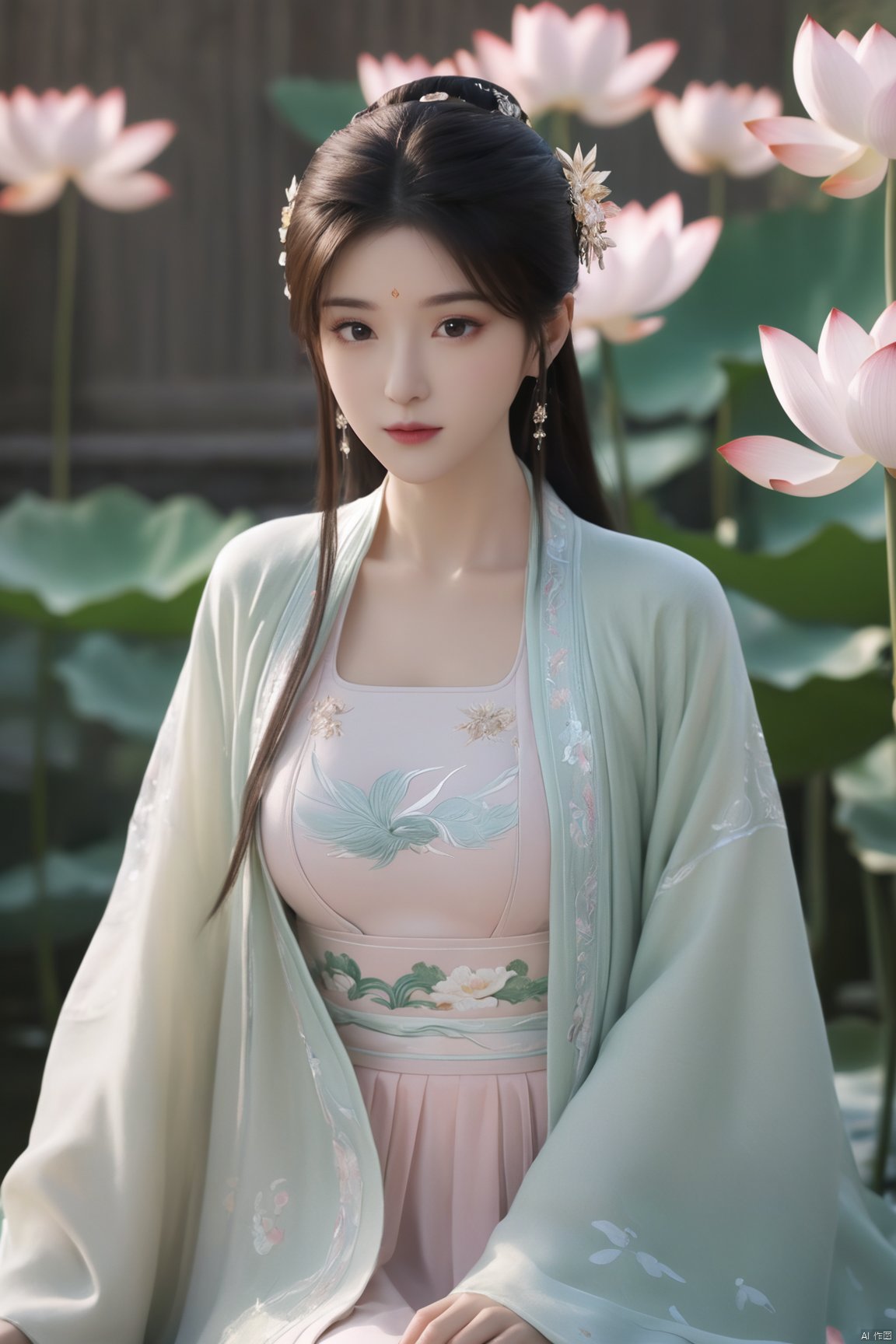 Best quality, Realistic, photorealistic, masterpiece, extremely detailed CG unity 8k wallpaper, best illumination, best shadow, huge filesize ,(huge breasts:2.3) incredibly absurdres, absurdres, looking at viewer, transparent, smog, gauze, vase, petals, room, ancient Chinese style, detailed background, wide shot background,
(((1gilr,black hair))),(Sitting on the lotus pond porch:1.39) ,(huge breasts:2.4),(A pond full of pink lotus flowers:1.3),close up of 1girl,Hairpins,hair ornament,hair wings,slim,narrow waist,(huge breasts:2.5),perfect eyes,beautiful perfect face,pleasant smile,perfect female figure,detailed skin,charming,alluring,seductive,erotic,enchanting,delicate pattern,detailed complex and rich exquisite clothing detail,delicate intricate fabrics,
Morning Serenade In the gentle morning glow, (a woman in a pink lotus-patterned Hanfu stands in an indoor courtyard:1.26),(Chinese traditional dragon and phoenix embroidered Hanfu:1.3), admiring the tranquil garden scenery. The lotus-patterned Hanfu, embellished with silver-thread embroidery, is softly illuminated by the morning light. The light mint green Hanfu imparts a sense of calm and freshness, adorned with delicate lotus patterns, with a blurred background to enhance the peaceful atmosphere,(huge breasts:2.7),Xsutaner,Xhulianxin