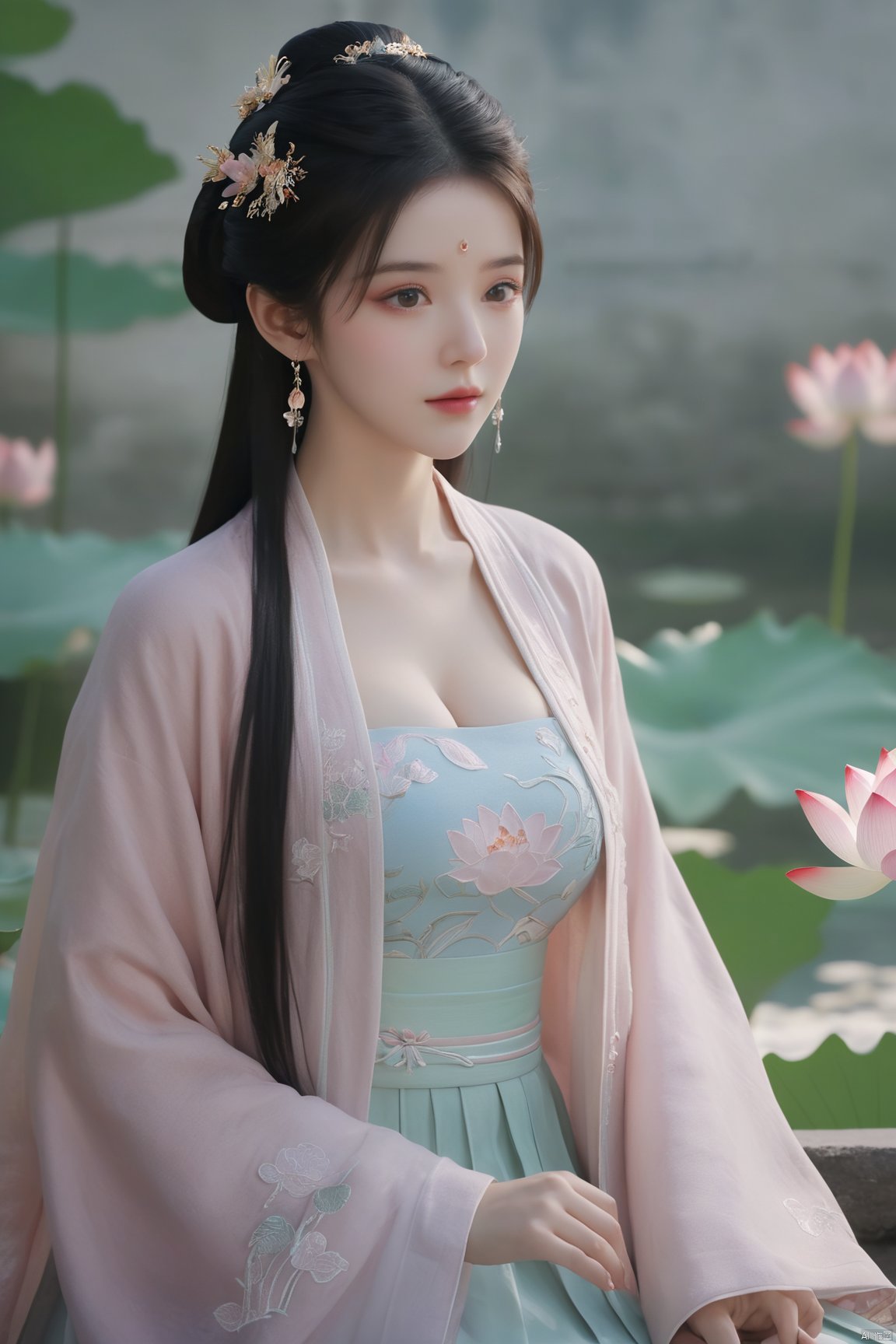 Best quality, Realistic, photorealistic, masterpiece, extremely detailed CG unity 8k wallpaper, best illumination, best shadow, huge filesize ,(huge breasts:2.39) incredibly absurdres, absurdres, looking at viewer, transparent, smog, gauze, vase, petals, room, ancient Chinese style, detailed background, wide shot background,
(((1gilr,black hair))),(Sitting on the lotus pond porch:1.39) ,(huge breasts:2.49),(A pond full of pink lotus flowers:1.3),close up of 1girl,Hairpins,hair ornament,hair wings,slim,narrow waist,(huge breasts:2.59),perfect eyes,beautiful perfect face,pleasant smile,perfect female figure,detailed skin,charming,alluring,seductive,erotic,enchanting,delicate pattern,detailed complex and rich exquisite clothing detail,delicate intricate fabrics,
Morning Serenade In the gentle morning glow, (a woman in a pink lotus-patterned Hanfu stands in an indoor courtyard:1.26),(Chinese traditional dragon and phoenix embroidered Hanfu:1.3), admiring the tranquil garden scenery. The lotus-patterned Hanfu, embellished with silver-thread embroidery, is softly illuminated by the morning light. The light mint green Hanfu imparts a sense of calm and freshness, adorned with delicate lotus patterns, with a blurred background to enhance the peaceful atmosphere,(huge breasts:2.7),Xsutaner,Xhulianxin