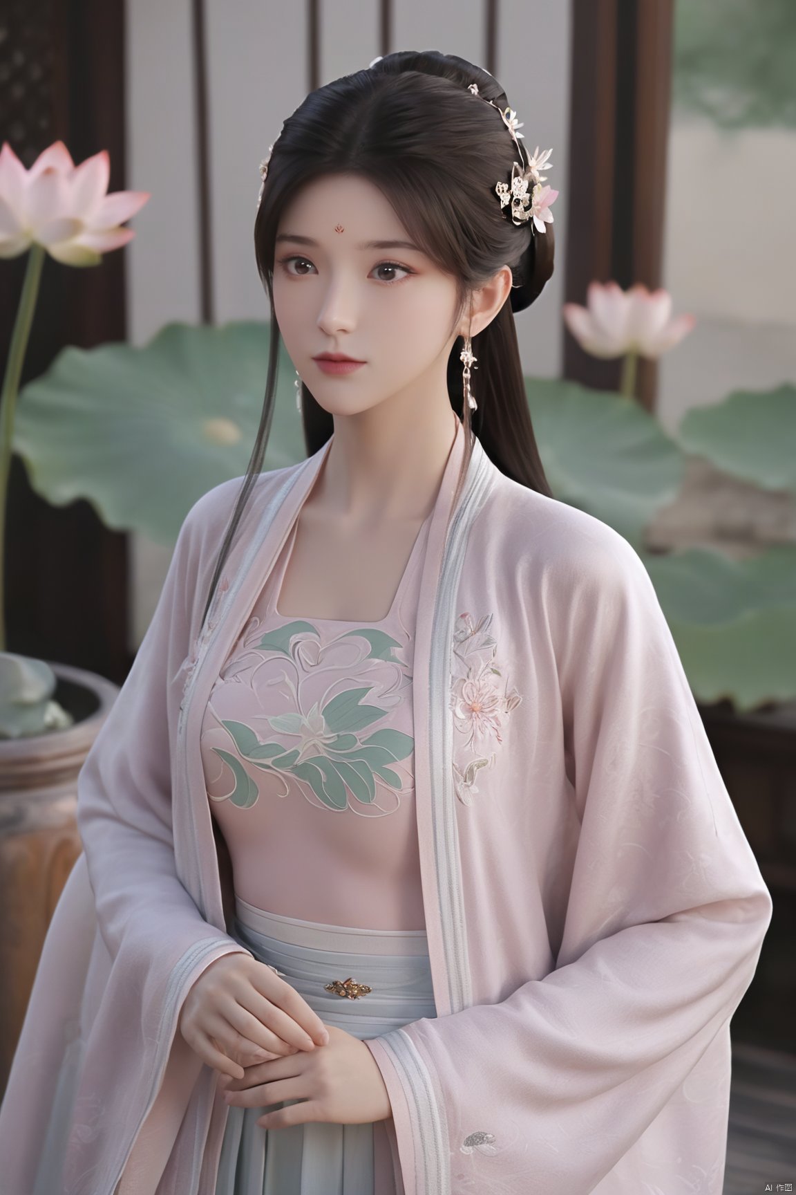 Best quality, Realistic, photorealistic, masterpiece, extremely detailed CG unity 8k wallpaper, best illumination, best shadow, huge filesize ,(huge breasts:2.3) incredibly absurdres, absurdres, looking at viewer, transparent, smog, gauze, vase, petals, room, ancient Chinese style, detailed background, wide shot background,
(((1gilr,black hair))),(Sitting on the lotus pond porch:1.39) ,(huge breasts:2.4),(A pond full of pink lotus flowers:1.3),close up of 1girl,Hairpins,hair ornament,hair wings,slim,narrow waist,(huge breasts:2.5),perfect eyes,beautiful perfect face,pleasant smile,perfect female figure,detailed skin,charming,alluring,seductive,erotic,enchanting,delicate pattern,detailed complex and rich exquisite clothing detail,delicate intricate fabrics,
Morning Serenade In the gentle morning glow, (a woman in a pink lotus-patterned Hanfu stands in an indoor courtyard:1.26),(Chinese traditional dragon and phoenix embroidered Hanfu:1.3), admiring the tranquil garden scenery. The lotus-patterned Hanfu, embellished with silver-thread embroidery, is softly illuminated by the morning light. The light mint green Hanfu imparts a sense of calm and freshness, adorned with delicate lotus patterns, with a blurred background to enhance the peaceful atmosphere,(huge breasts:2.7),Xsutaner,Xhulianxin