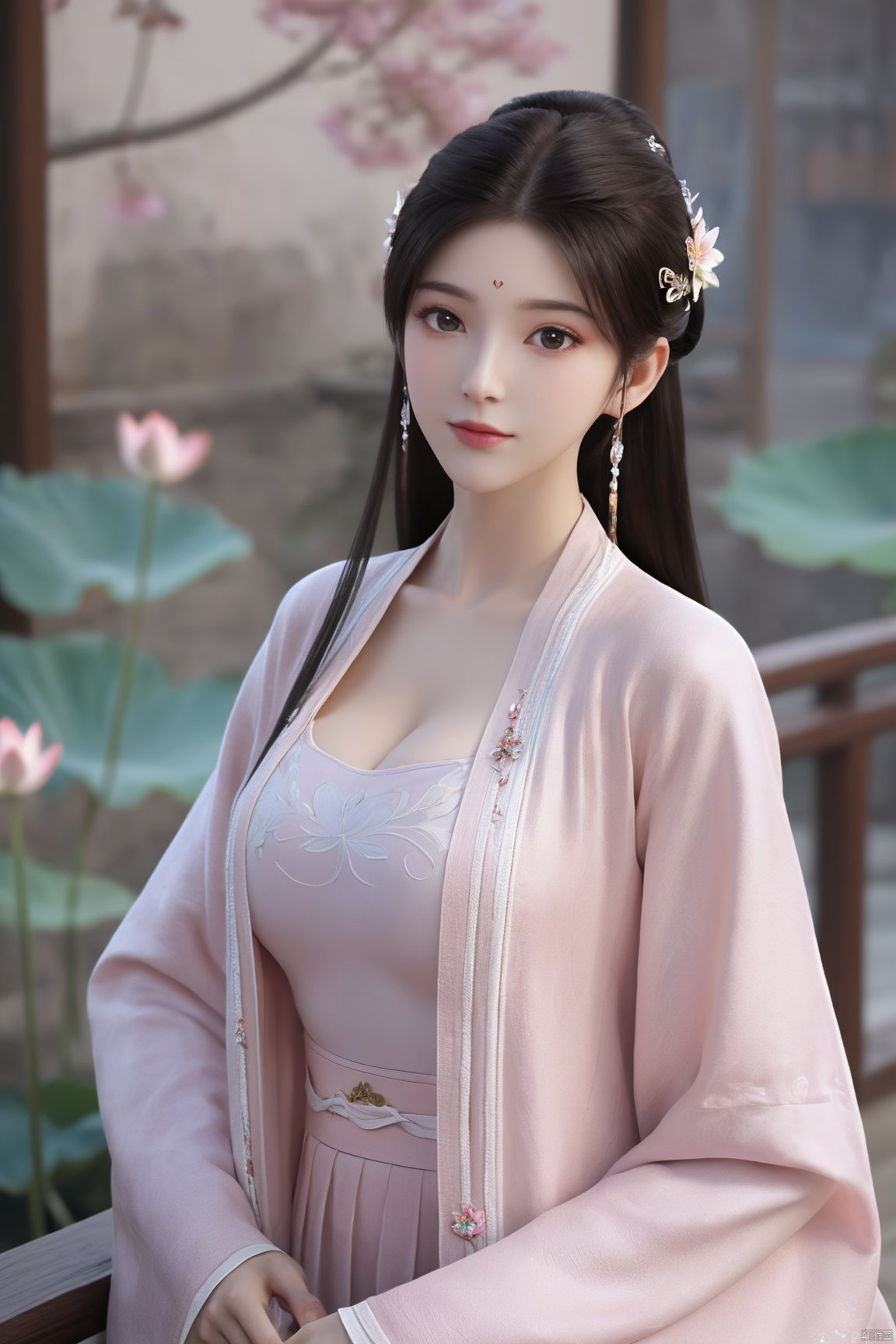 Best quality, Realistic, photorealistic, masterpiece, (huge breasts:2.29) , best shadow, huge filesize ,(huge breasts:2.39) incredibly absurdres, absurdres, looking at viewer, transparent, smog, gauze, vase, petals, room, ancient Chinese style, detailed background, wide shot background,
(((1gilr,black hair))),(Sitting on the lotus pond porch:1.39) ,(huge breasts:2.49),(A pond full of pink lotus flowers:1.3),close up of 1girl,Hairpins,hair ornament,hair wings,slim,narrow waist,(huge breasts:2.59),perfect eyes,beautiful perfect face,pleasant smile,perfect female figure,detailed skin,charming,alluring,seductive,erotic,enchanting,delicate pattern,detailed complex and rich exquisite clothing detail,delicate intricate fabrics,
Morning Serenade In the gentle morning glow, (a woman in a pink lotus-patterned Hanfu stands in an indoor courtyard:1.26),(Chinese traditional dragon and phoenix embroidered Hanfu:1.3), admiring the tranquil garden scenery. The lotus-patterned Hanfu, embellished with silver-thread embroidery, is softly illuminated by the morning light. The light mint green Hanfu imparts a sense of calm and freshness, adorned with delicate lotus patterns, with a blurred background to enhance the peaceful atmosphere,(huge breasts:2.7),Xsutaner,Xhulianxin