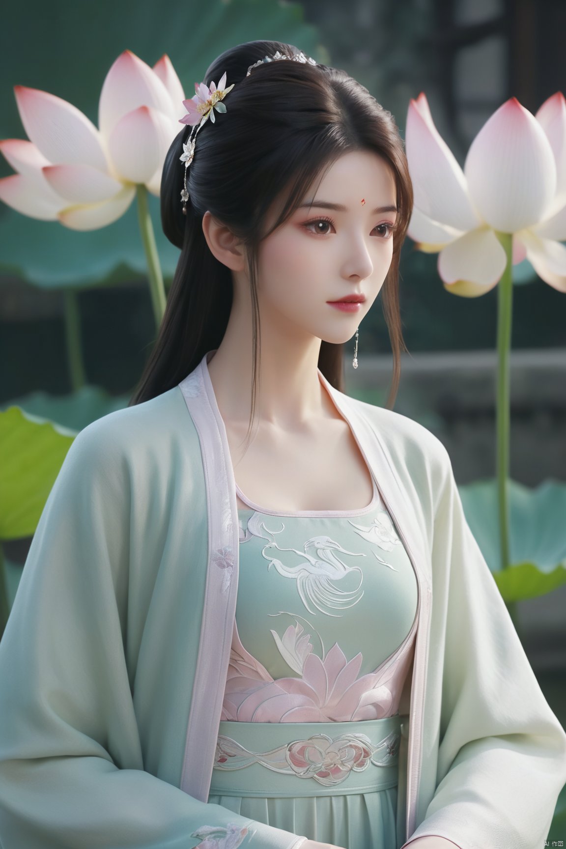 Best quality, Realistic, photorealistic, masterpiece, extremely detailed CG unity 8k wallpaper, best illumination, best shadow, huge filesize ,(huge breasts:2.39) incredibly absurdres, absurdres, looking at viewer, transparent, smog, gauze, vase, petals, room, ancient Chinese style, detailed background, wide shot background,
(((1gilr,black hair))),(Sitting on the lotus pond porch:1.39) ,(huge breasts:2.49),(A pond full of pink lotus flowers:1.3),close up of 1girl,Hairpins,hair ornament,hair wings,slim,narrow waist,(huge breasts:2.59),perfect eyes,beautiful perfect face,pleasant smile,perfect female figure,detailed skin,charming,alluring,seductive,erotic,enchanting,delicate pattern,detailed complex and rich exquisite clothing detail,delicate intricate fabrics,
Morning Serenade In the gentle morning glow, (a woman in a pink lotus-patterned Hanfu stands in an indoor courtyard:1.26),(Chinese traditional dragon and phoenix embroidered Hanfu:1.3), admiring the tranquil garden scenery. The lotus-patterned Hanfu, embellished with silver-thread embroidery, is softly illuminated by the morning light. The light mint green Hanfu imparts a sense of calm and freshness, adorned with delicate lotus patterns, with a blurred background to enhance the peaceful atmosphere,(huge breasts:2.7),Xsutaner,Xhulianxin