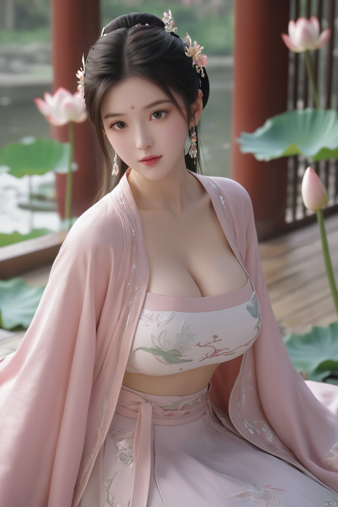 Best quality, Realistic, photorealistic, masterpiece, (huge breasts:2.29) , best shadow, huge filesize ,(huge breasts:2.39) incredibly absurdres, absurdres, looking at viewer, transparent, smog, gauze, vase, petals, room, ancient Chinese style, detailed background, wide shot background,
(((1gilr,black hair))),(Sitting on the lotus pond porch:1.39) ,(huge breasts:2.49),(A pond full of pink lotus flowers:1.3),close up of 1girl,Hairpins,hair ornament,hair wings,slim,narrow waist,(huge breasts:2.59),perfect eyes,beautiful perfect face,pleasant smile,perfect female figure,detailed skin,charming,alluring,seductive,erotic,enchanting,delicate pattern,detailed complex and rich exquisite clothing detail,delicate intricate fabrics,
Morning Serenade In the gentle morning glow, (a woman in a pink lotus-patterned Hanfu stands in an indoor courtyard:1.26),(Chinese traditional dragon and phoenix embroidered Hanfu:1.3), admiring the tranquil garden scenery. The lotus-patterned Hanfu, embellished with silver-thread embroidery, is softly illuminated by the morning light. The light mint green Hanfu imparts a sense of calm and freshness, adorned with delicate lotus patterns, with a blurred background to enhance the peaceful atmosphere,(huge breasts:2.7),Xsutaner,Xhulianxin