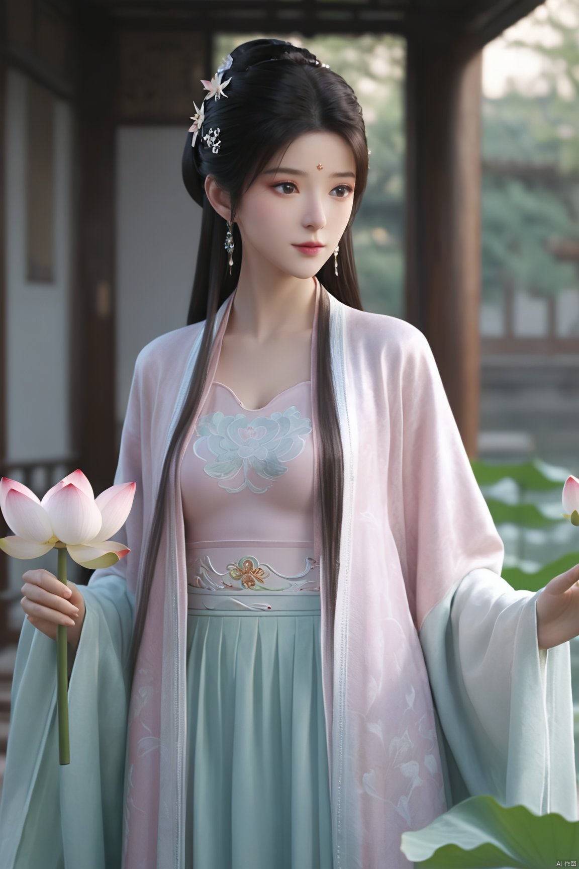 Best quality, Realistic, photorealistic, masterpiece, extremely detailed CG unity 8k wallpaper, best illumination, best shadow, huge filesize ,(huge breasts:2.3) incredibly absurdres, absurdres, looking at viewer, transparent, smog, gauze, vase, petals, room, ancient Chinese style, detailed background, wide shot background,
(((1gilr,black hair))),(Sitting on the lotus pond porch:1.39) ,(huge breasts:2.4),(A pond full of pink lotus flowers:1.3),close up of 1girl,Hairpins,hair ornament,hair wings,slim,narrow waist,(huge breasts:2.5),perfect eyes,beautiful perfect face,pleasant smile,perfect female figure,detailed skin,charming,alluring,seductive,erotic,enchanting,delicate pattern,detailed complex and rich exquisite clothing detail,delicate intricate fabrics,
Morning Serenade In the gentle morning glow, (a woman in a pink lotus-patterned Hanfu stands in an indoor courtyard:1.26),(Chinese traditional dragon and phoenix embroidered Hanfu:1.3), admiring the tranquil garden scenery. The lotus-patterned Hanfu, embellished with silver-thread embroidery, is softly illuminated by the morning light. The light mint green Hanfu imparts a sense of calm and freshness, adorned with delicate lotus patterns, with a blurred background to enhance the peaceful atmosphere,(huge breasts:2.7),Xsutaner,Xhulianxin