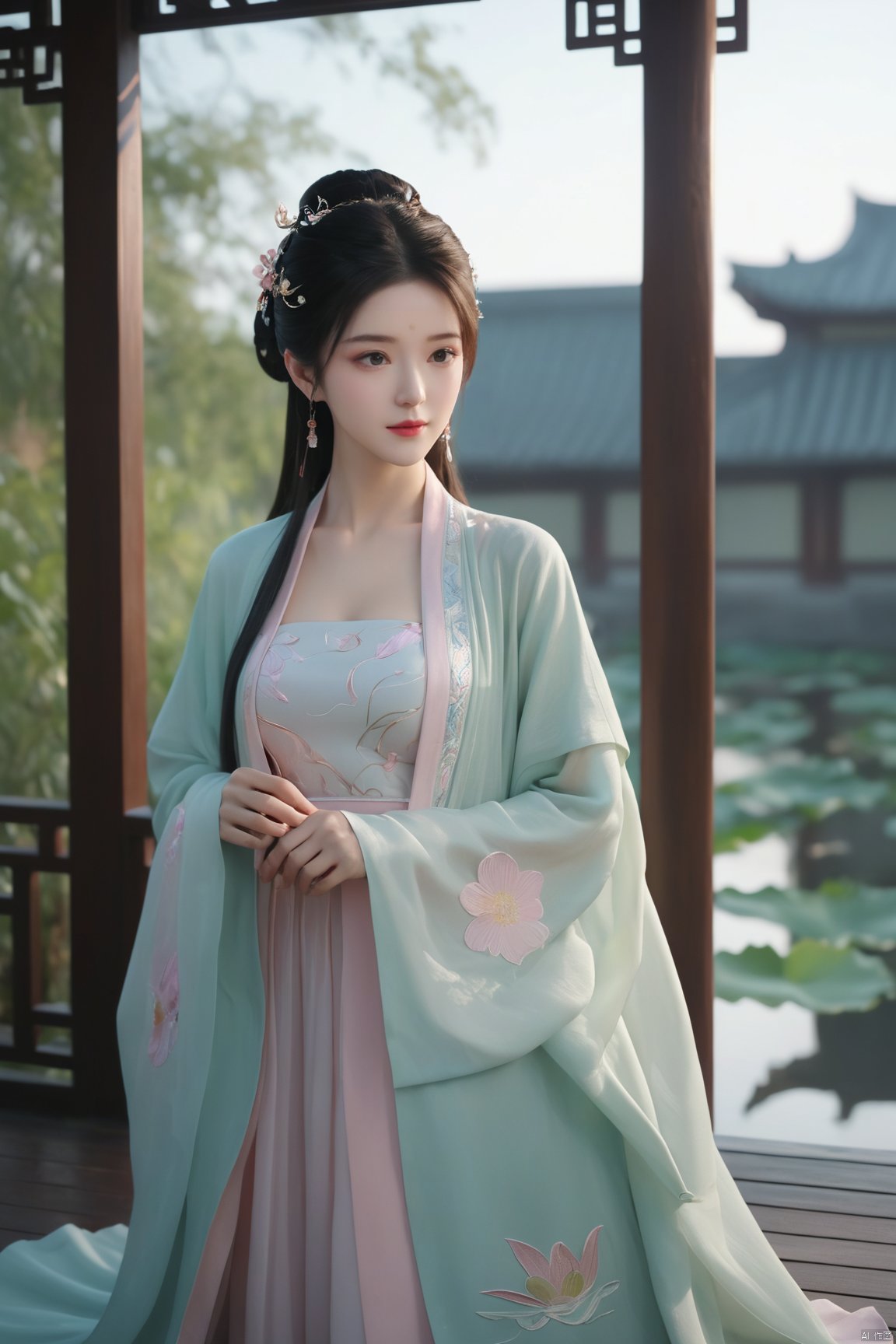 Best quality, Realistic, photorealistic, masterpiece, extremely detailed CG unity 8k wallpaper, best illumination, best shadow, huge filesize ,(huge breasts:2.39) incredibly absurdres, absurdres, looking at viewer, transparent, smog, gauze, vase, petals, room, ancient Chinese style, detailed background, wide shot background,
(((1gilr,black hair))),(Sitting on the lotus pond porch:1.39) ,(huge breasts:2.49),(A pond full of pink lotus flowers:1.3),close up of 1girl,Hairpins,hair ornament,hair wings,slim,narrow waist,(huge breasts:2.59),perfect eyes,beautiful perfect face,pleasant smile,perfect female figure,detailed skin,charming,alluring,seductive,erotic,enchanting,delicate pattern,detailed complex and rich exquisite clothing detail,delicate intricate fabrics,
Morning Serenade In the gentle morning glow, (a woman in a pink lotus-patterned Hanfu stands in an indoor courtyard:1.26),(Chinese traditional dragon and phoenix embroidered Hanfu:1.3), admiring the tranquil garden scenery. The lotus-patterned Hanfu, embellished with silver-thread embroidery, is softly illuminated by the morning light. The light mint green Hanfu imparts a sense of calm and freshness, adorned with delicate lotus patterns, with a blurred background to enhance the peaceful atmosphere,(huge breasts:2.7),Xsutaner,Xhulianxin