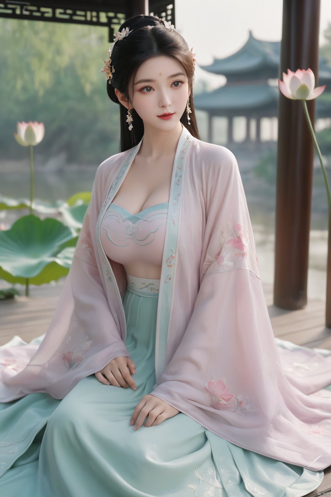 Best quality, Realistic, photorealistic, masterpiece, (huge breasts:2.29) , best shadow, huge filesize ,(huge breasts:2.39) incredibly absurdres, absurdres, looking at viewer, transparent, smog, gauze, vase, petals, room, ancient Chinese style, detailed background, wide shot background,
(((1gilr,black hair))),(Sitting on the lotus pond porch:1.39) ,(huge breasts:2.49),(A pond full of pink lotus flowers:1.3),close up of 1girl,Hairpins,hair ornament,hair wings,slim,narrow waist,(huge breasts:2.59),perfect eyes,beautiful perfect face,pleasant smile,perfect female figure,detailed skin,charming,alluring,seductive,erotic,enchanting,delicate pattern,detailed complex and rich exquisite clothing detail,delicate intricate fabrics,
Morning Serenade In the gentle morning glow, (a woman in a pink lotus-patterned Hanfu stands in an indoor courtyard:1.26),(Chinese traditional dragon and phoenix embroidered Hanfu:1.3), admiring the tranquil garden scenery. The lotus-patterned Hanfu, embellished with silver-thread embroidery, is softly illuminated by the morning light. The light mint green Hanfu imparts a sense of calm and freshness, adorned with delicate lotus patterns, with a blurred background to enhance the peaceful atmosphere,(huge breasts:2.7),Xsutaner,Xhulianxin