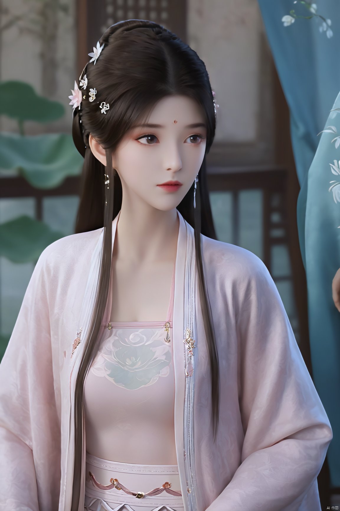 Best quality, Realistic, photorealistic, masterpiece, extremely detailed CG unity 8k wallpaper, best illumination, best shadow, huge filesize ,(huge breasts:2.3) incredibly absurdres, absurdres, looking at viewer, transparent, smog, gauze, vase, petals, room, ancient Chinese style, detailed background, wide shot background,
(((1gilr,black hair))),(Sitting on the lotus pond porch:1.39) ,(huge breasts:2.4),(A pond full of pink lotus flowers:1.3),close up of 1girl,Hairpins,hair ornament,hair wings,slim,narrow waist,(huge breasts:2.5),perfect eyes,beautiful perfect face,pleasant smile,perfect female figure,detailed skin,charming,alluring,seductive,erotic,enchanting,delicate pattern,detailed complex and rich exquisite clothing detail,delicate intricate fabrics,
Morning Serenade In the gentle morning glow, (a woman in a pink lotus-patterned Hanfu stands in an indoor courtyard:1.26),(Chinese traditional dragon and phoenix embroidered Hanfu:1.3), admiring the tranquil garden scenery. The lotus-patterned Hanfu, embellished with silver-thread embroidery, is softly illuminated by the morning light. The light mint green Hanfu imparts a sense of calm and freshness, adorned with delicate lotus patterns, with a blurred background to enhance the peaceful atmosphere,(huge breasts:2.7),Xsutaner,Xhulianxin