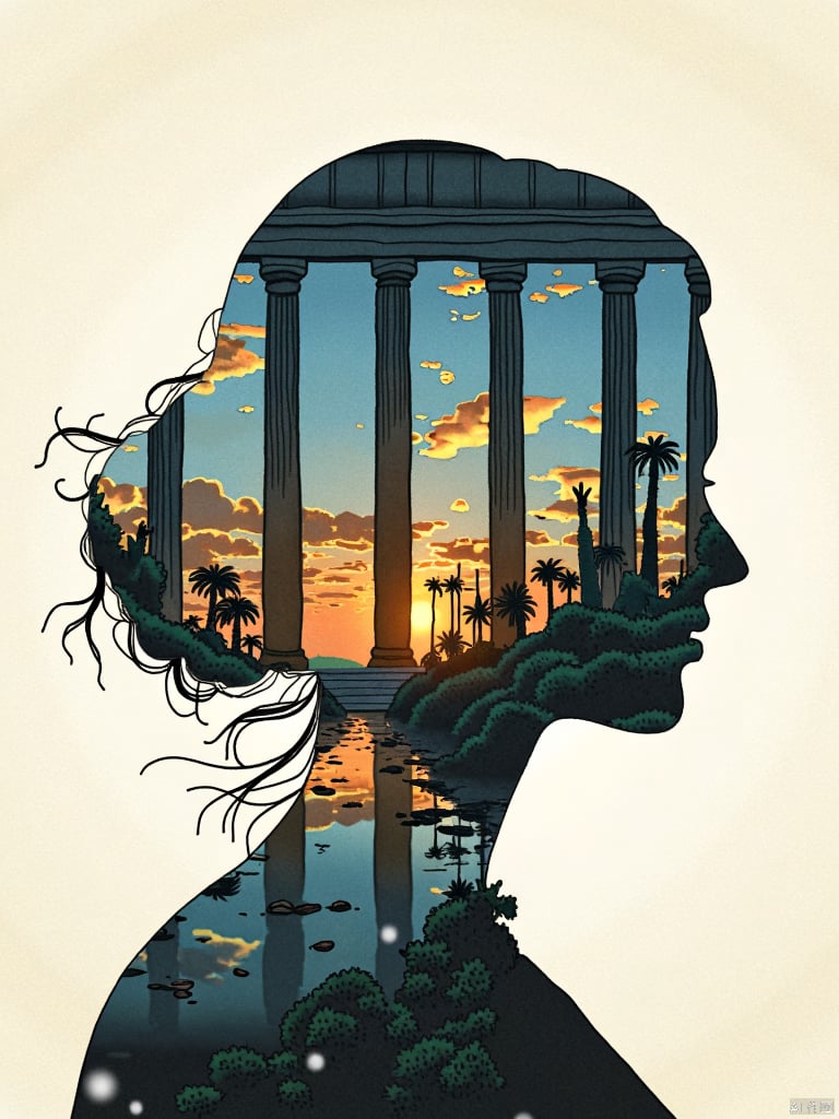 silhouette of a priestess princess filled with a greek temple scenery, double exposure, crisp lines, double exposure background, hyperdetailed, concept art