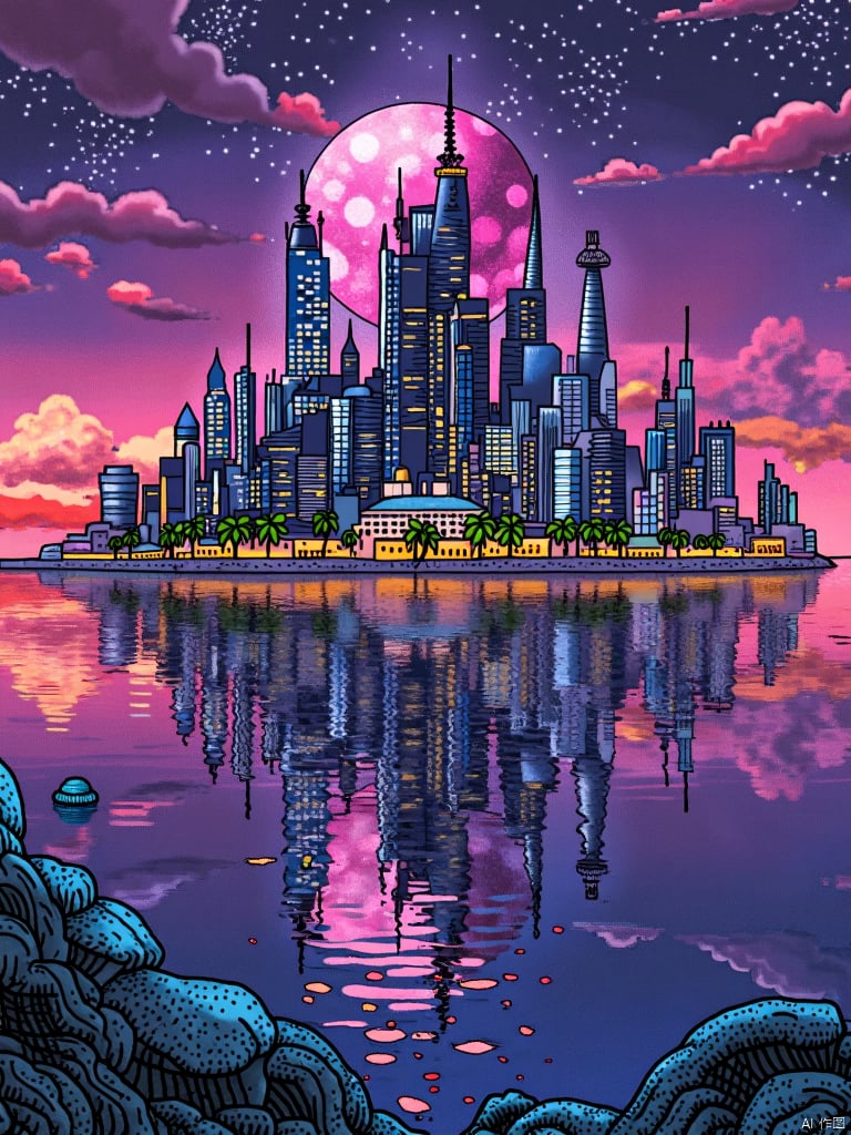 an alien city, reflected in the ocean surrounding it, masterpiece, neon splash art, vibrant surreal colours