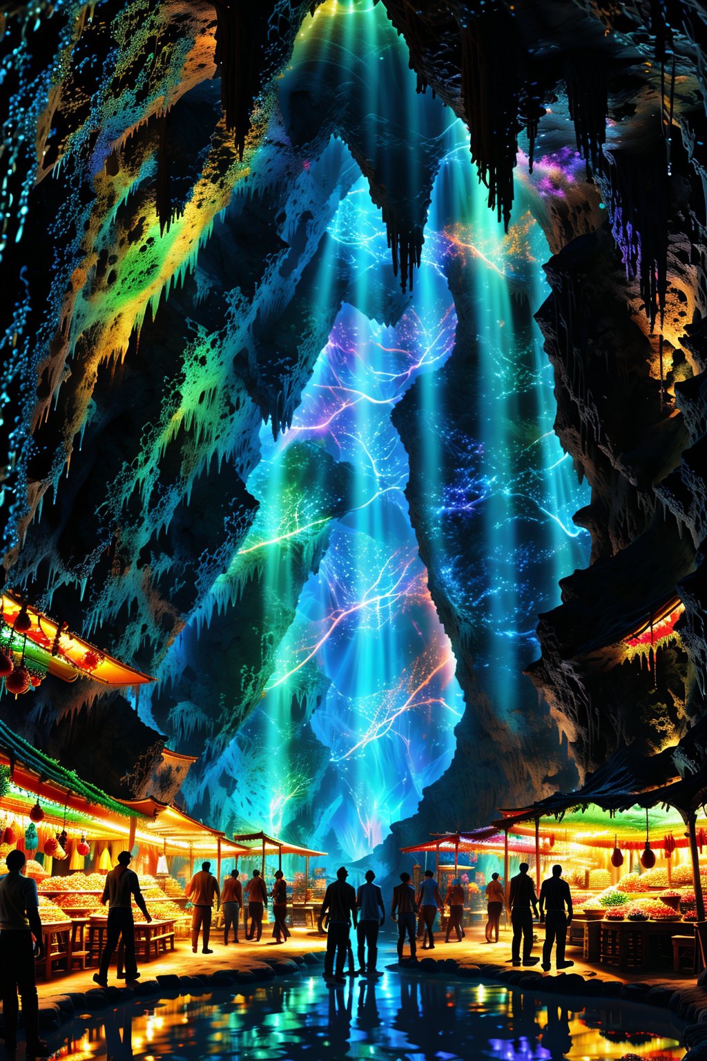 Create a dynamic, high-contrast scene that combines elements of vibrancy, mystery, and natural beauty. The setting is an ancient, hidden grotto illuminated by bioluminescent algae, with a vibrant, colorful underwater market nearby. The scene is framed with a wide-angle view, capturing the grotto's intricate rock formations and the bustling market with stalls selling bright fruits and textiles. The lighting is intense, with the bioluminescent algae casting a soft, ethereal glow that contrasts sharply with the warm, golden light of the market. People are engaged in various activities, adding to the lively atmosphere. The composition emphasizes the interplay of light and shadow, with the vivid colors of the market goods and the mysterious, glowing algae creating a visually striking, otherworldly image.