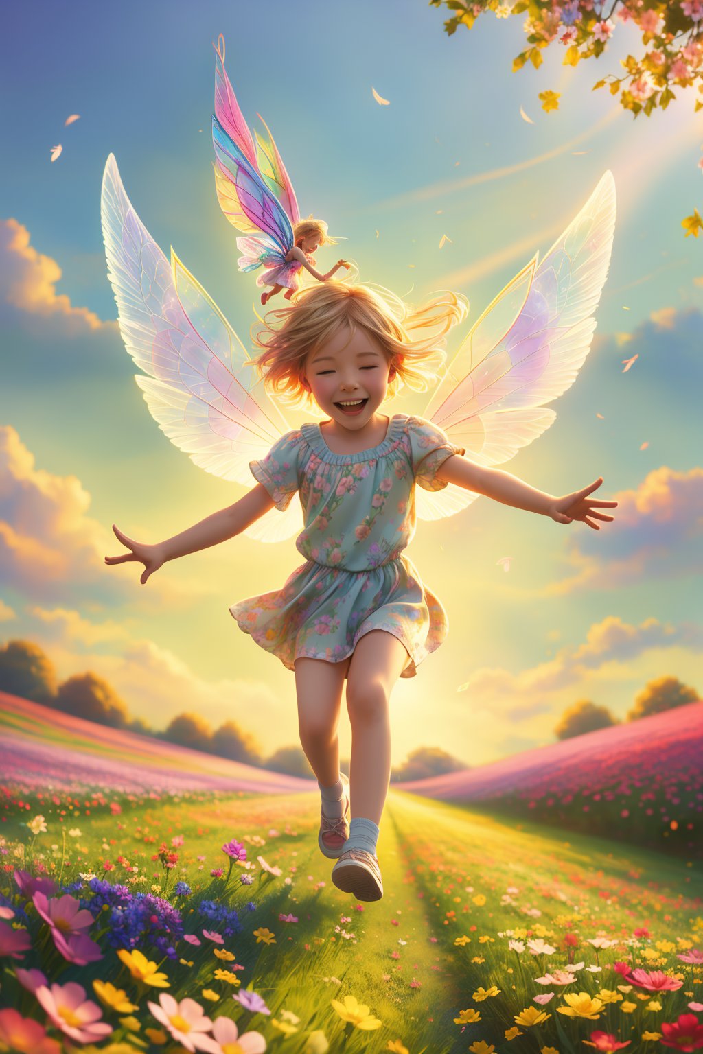 A high-quality, vibrant image of a child joyfully chasing a tiny, iridescent pixie through a sprawling field of blooming flowers. The scene is bathed in warm, golden sunlight, emphasizing the child's joyful expression and the pixie's fluttering wings. The composition captures dynamic movement, with the child's outstretched arms and the pixie darting between colorful blossoms. The field is filled with a variety of flowers, creating a whimsical and magical atmosphere. Ensure the image is free from any negative elements such as bad hands, low quality, bad anatomy, uneven eyes, multiple faces, extra limbs, or any distortions that would detract from the enchanting scene.