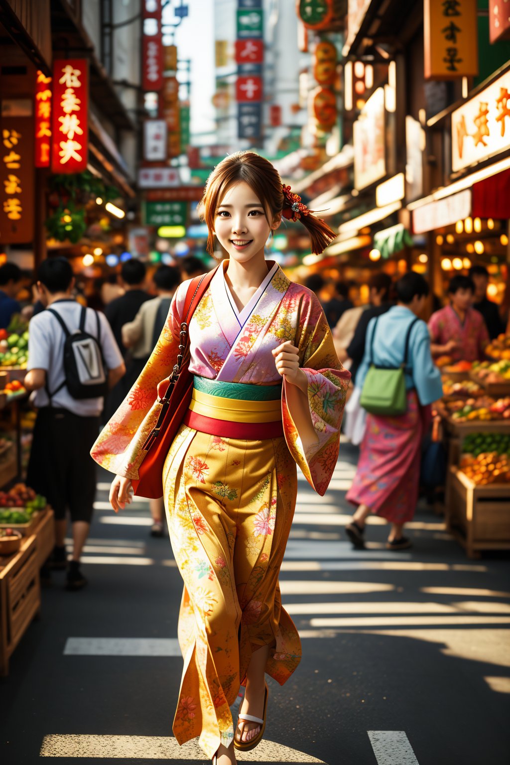 Capture a professional photography scene featuring a dynamic street market in vibrant, bustling Tokyo. The shot is framed to include a diverse crowd of people, with a focus on a young woman in a colorful kimono, mid-stride, her expression one of curiosity and excitement. The lighting is natural, with the golden hour sun casting a warm glow, highlighting the textures and colors of the market stalls selling fresh produce, street food, and traditional crafts. The composition is balanced, with the woman slightly off-center, drawing the eye through the frame, and the background bustling with activity, capturing the essence of urban life and cultural richness.