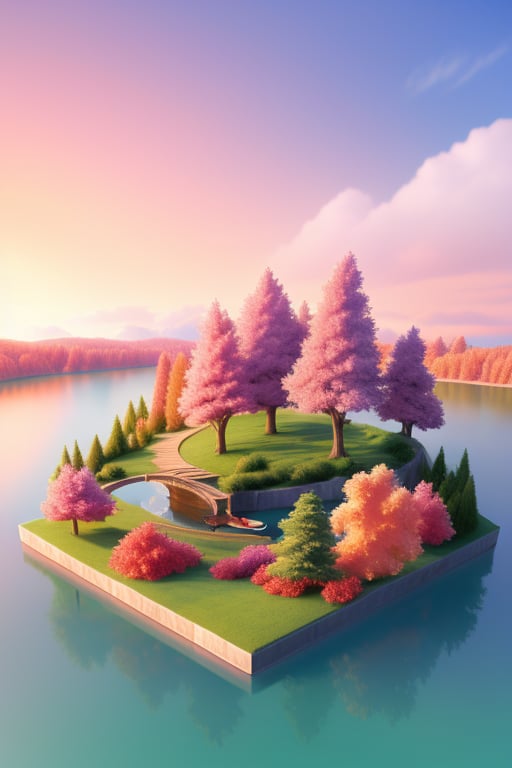 Create a 2.5D digital artwork featuring a serene landscape with a blend of 2D and 3D elements. The scene is set at dusk, with soft, warm lighting illuminating a tranquil lake surrounded by lush, stylized trees. The composition includes a small, detailed wooden dock extending into the water, with a solitary boat moored at the end. The sky showcases a gradient of pastel colors, transitioning from orange to purple, with subtle 2D clouds floating above. The overall effect is a harmonious mix of depth and flat design, capturing a peaceful, almost dreamlike atmosphere.