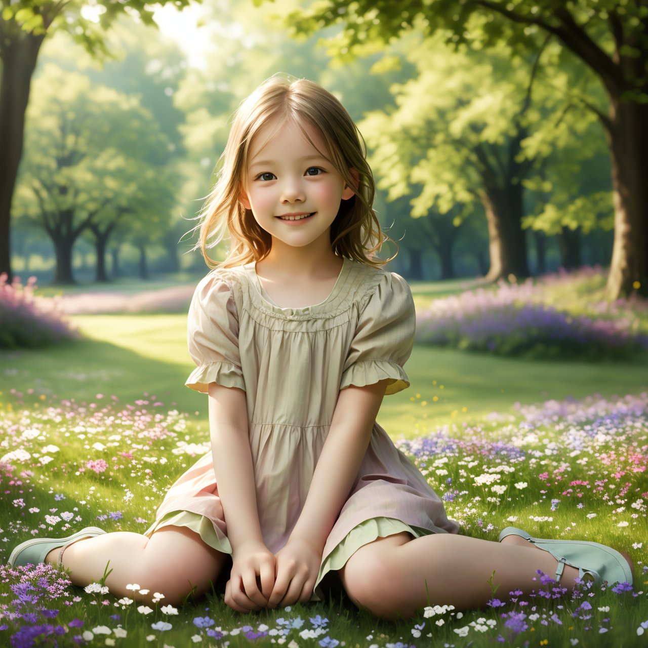 Capture a candid portrait of a young girl in a serene park setting. The shot is framed to highlight her innocence and curiosity, with the girl sitting on a lush, green lawn, surrounded by blooming wildflowers. She is dressed in a simple, pastel-colored dress, her hair gently tousled by a soft breeze. The lighting is natural, with sunlight filtering through the trees, creating a soft, diffused glow that accentuates her delicate features and the playful expression on her face. The composition is centered around her, with the background gently blurred to maintain focus on her presence, capturing a moment of pure, unguarded joy and wonder.