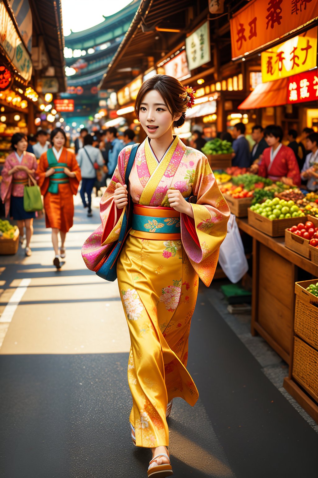 Capture a professional photography scene featuring a dynamic street market in vibrant, bustling Tokyo. The shot is framed to include a diverse crowd of people, with a focus on a young woman in a colorful kimono, mid-stride, her expression one of curiosity and excitement. The lighting is natural, with the golden hour sun casting a warm glow, highlighting the textures and colors of the market stalls selling fresh produce, street food, and traditional crafts. The composition is balanced, with the woman slightly off-center, drawing the eye through the frame, and the background bustling with activity, capturing the essence of urban life and cultural richness.