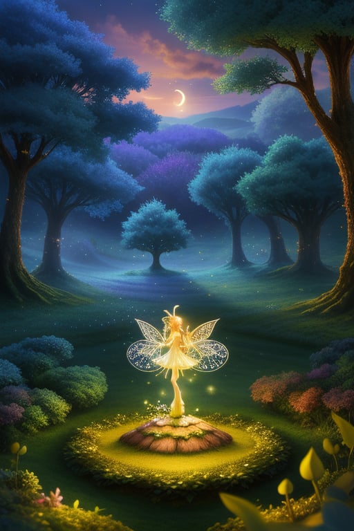 Create a 2.5D digital illustration of a fantastical forest scene, blending 2D flat elements with 3D depth. The setting is an enchanted woodland at twilight, with mystical trees whose trunks and branches are intricately detailed in a 2D style, while their leaves and surrounding foliage have a soft 3D effect. The focal point is a small, glowing fairy perched on a toadstool, her wings shimmering with a subtle animation. The lighting is ethereal, with a mix of ambient and point light sources creating a magical atmosphere. The composition guides the viewer's eye from the foreground to the background, where distant hills and a crescent moon add depth and wonder to the scene.