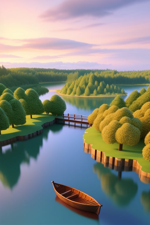 Create a 2.5D digital artwork featuring a serene landscape with a blend of 2D and 3D elements. The scene is set at dusk, with soft, warm lighting illuminating a tranquil lake surrounded by lush, stylized trees. The composition includes a small, detailed wooden dock extending into the water, with a solitary boat moored at the end. The sky showcases a gradient of pastel colors, transitioning from orange to purple, with subtle 2D clouds floating above. The overall effect is a harmonious mix of depth and flat design, capturing a peaceful, almost dreamlike atmosphere.