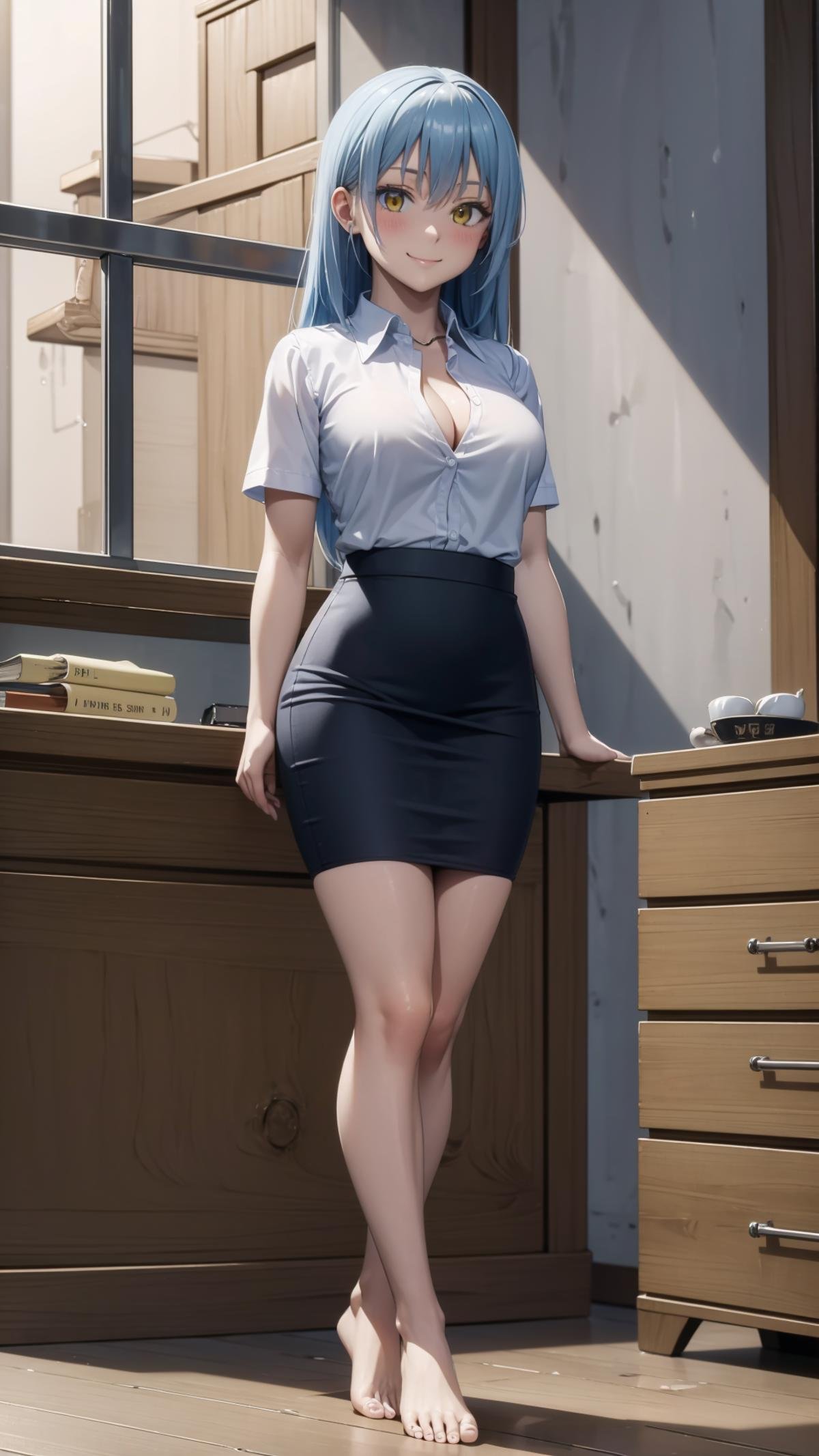 (masterpiece, best quality),ray tracing,absurdres, HDR,rimuru tempest, asexual, , solo, blue hair, yellow eyes,long hair,,   , skirt,  , shirt,  (white shirt,:1.2)  ,   pencil skirt, cleavage, black skirt,   office lady, , short sleeves,barefoot,  , alternate costume, collared shirt, feet, 1girl, breasts,smile, blush, indoors, standing,thighs,sitting,crossed ankles<lora:rimuru 2in1_m+a:0.7>  <lora:crossed ankles_v2:0.8>