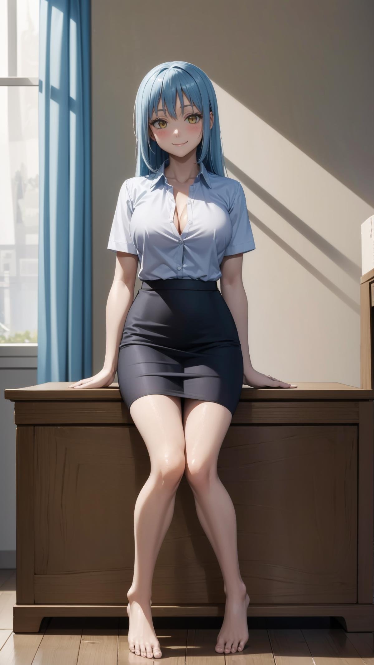 (masterpiece, best quality),ray tracing,absurdres, HDR,rimuru tempest, asexual, , solo, blue hair, yellow eyes,long hair,,   , skirt,  , shirt,  (white shirt,:1.2)  ,   pencil skirt, cleavage, black skirt,   office lady, , short sleeves,barefoot,  , alternate costume, collared shirt, feet, 1girl, breasts,smile, blush, indoors, standing,thighs,sitting,crossed ankles<lora:rimuru 2in1_m+a:0.7>  <lora:crossed ankles_v2:0.7>