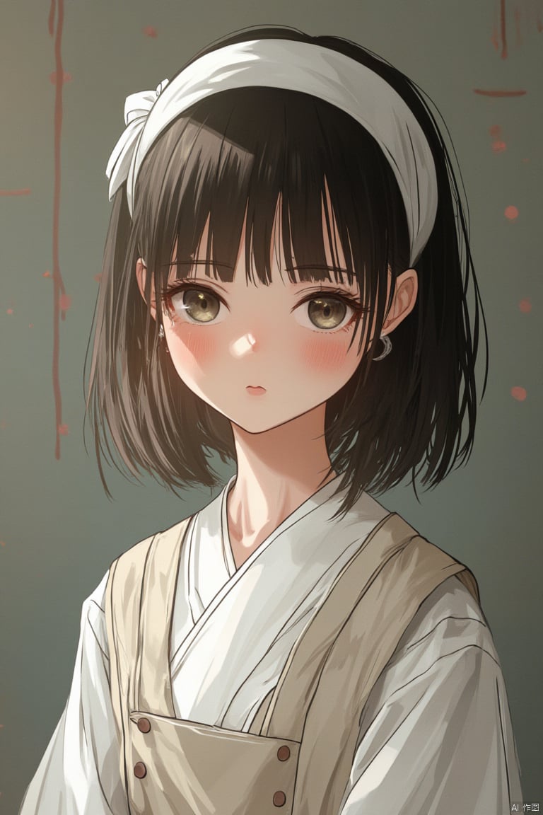  a thirteen or fourteen-year-old girl in plain clothes with white silk hairband, lightly powdered face, delicate features, and a slim figure,anime