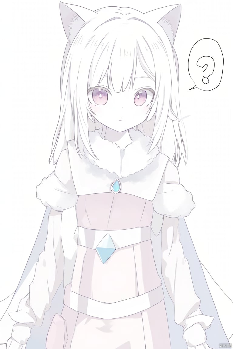 line art,line style,simple background,monochrome,greyscale,
1girl,solo,
pink eyes,cat ears,white hair,long hair,swept bangs,medium breasts,
white robe,capelet,long sleeves,pouch,belt,cyan brooch,
upper body,light smile,looking at viewer,:3,****,spoken question mark,
masterpiece,bestquality,onnk,