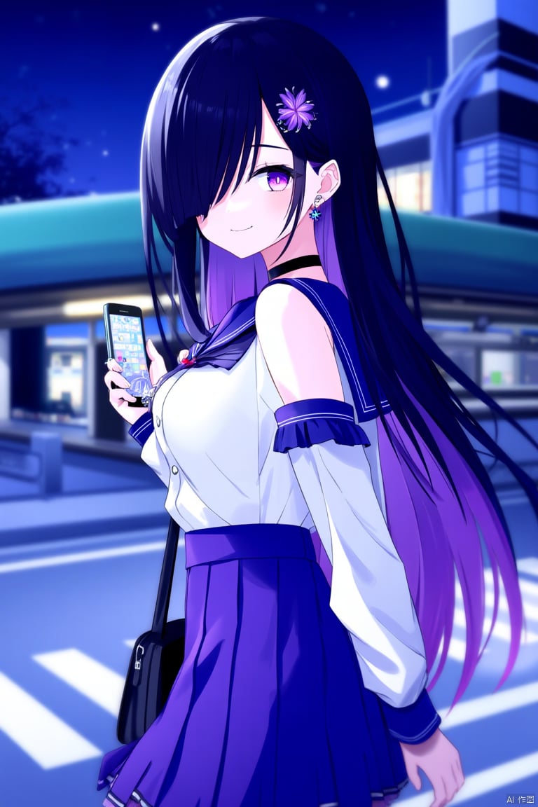 1girl, solo, long hair, breasts, looking at viewer, smile, bangs, skirt, shirt, black hair, hair ornament, long sleeves, holding, bare shoulders, jewelry, school uniform, standing, purple eyes, white shirt, purple hair, flower, multicolored hair, pleated skirt, earrings, outdoors, frills, parted lips, detached sleeves, serafuku, solo focus, choker, looking back, hair flower, sailor collar, bag, from behind, hair over one eye, two-tone hair, blue skirt, night, black choker, phone, cellphone, blue sailor collar, building, smartphone, holding phone, purple skirt, high-waist skirt, shoulder bag, colored inner hair, city, purple flower, shirt tucked in, road, street, black bag, train station, crosswalk,anime