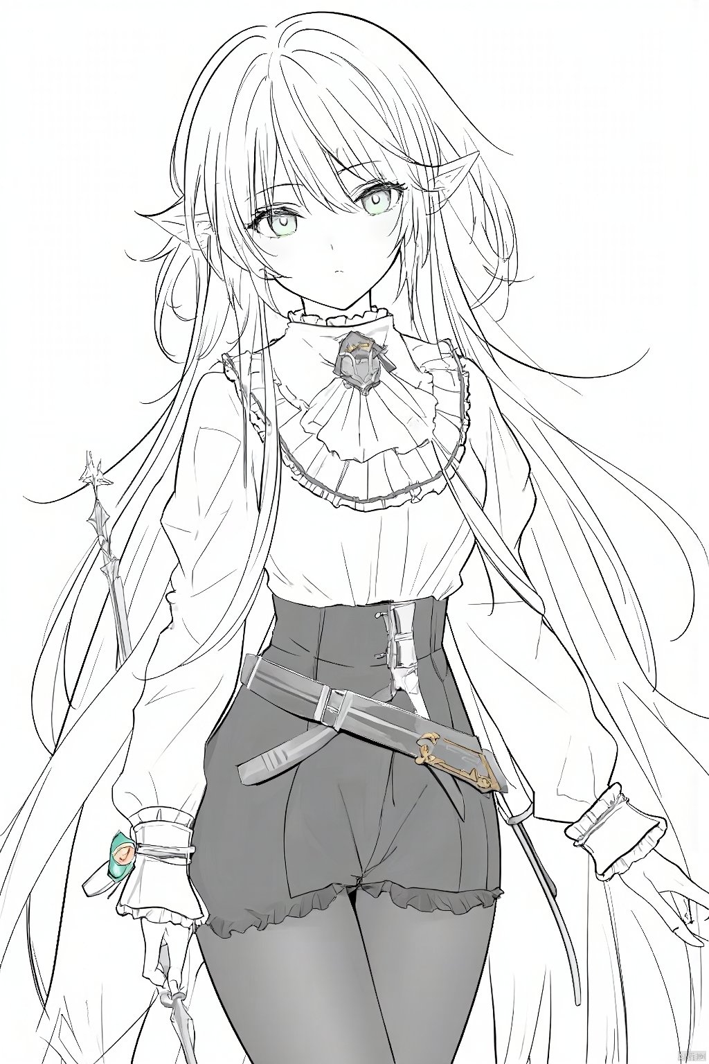 1girl, solo, long hair, breasts, looking at viewer, bangs, shirt, long sleeves, holding, jewelry, medium breasts, closed mouth, green eyes, standing, monochrome, white shirt, white hair, pantyhose, cowboy shot, frills, pointy ears, puffy sleeves, belt, pants, cape, ascot, black pants, brooch, elf, spot color, center frills, baton \(conducting\),anime