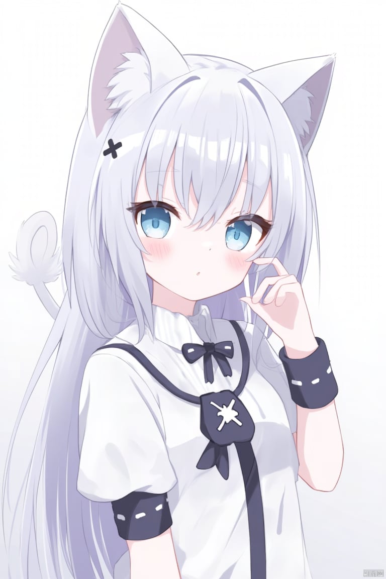 anime,1girl,solo,animal ears,cat ears,tail,blue eyes,puffy sleeves,cat tail,puffy short sleeves,short sleeves,long hair,hair between eyes,hair ornament,wrist cuffs,grey hair,cat girl,bangs,hand up,bow,blush,bare shoulders,very long hair,looking at viewer,animal ear fluff,x hair ornament,black bow,detached