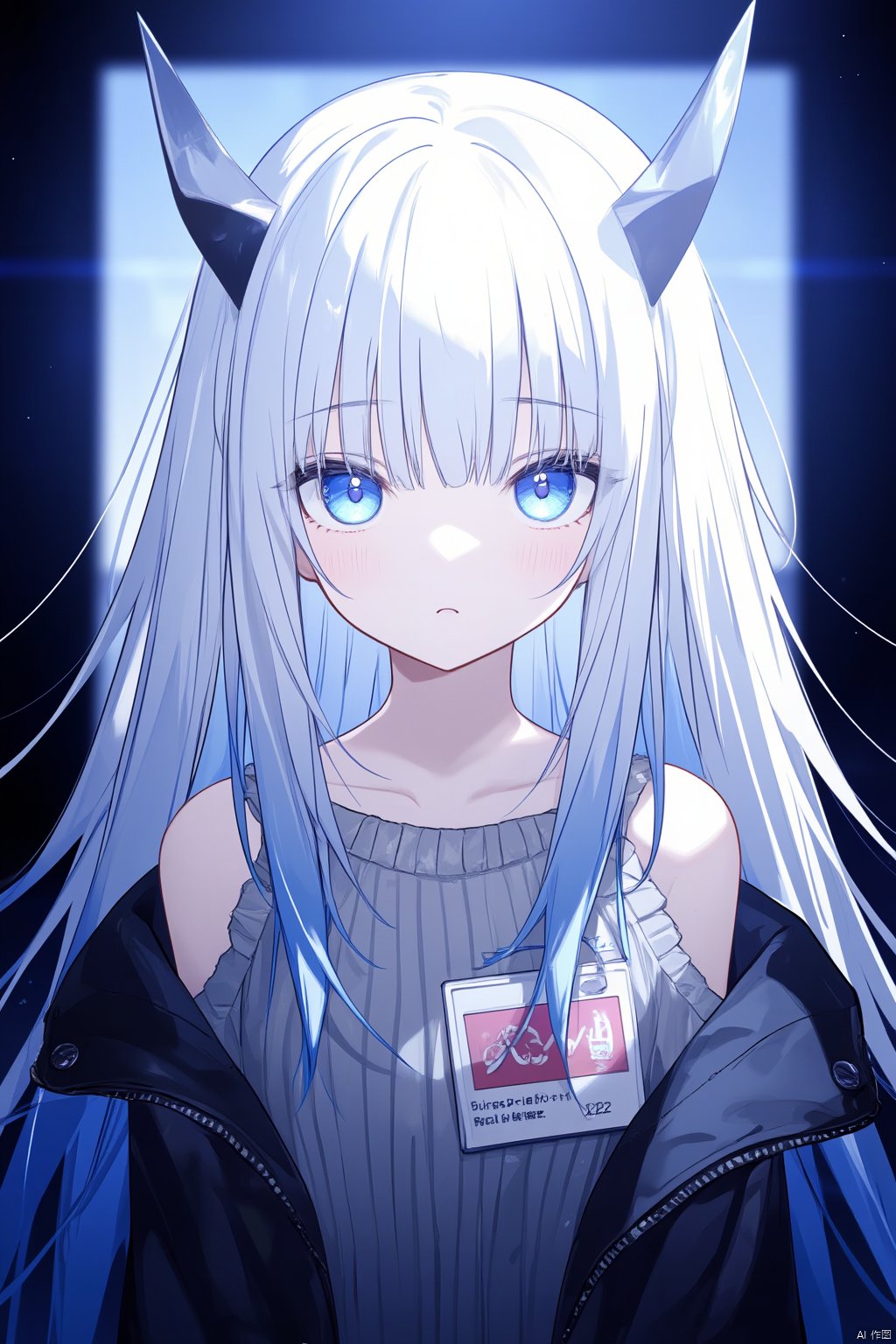 1girl, 
white long hair,blue streaked hair,blue eyes,blunt bangs,
open jacket,off-shoulder sweater,
:<, looking down upon viewer,Wearing a ID card that says,"Devil",