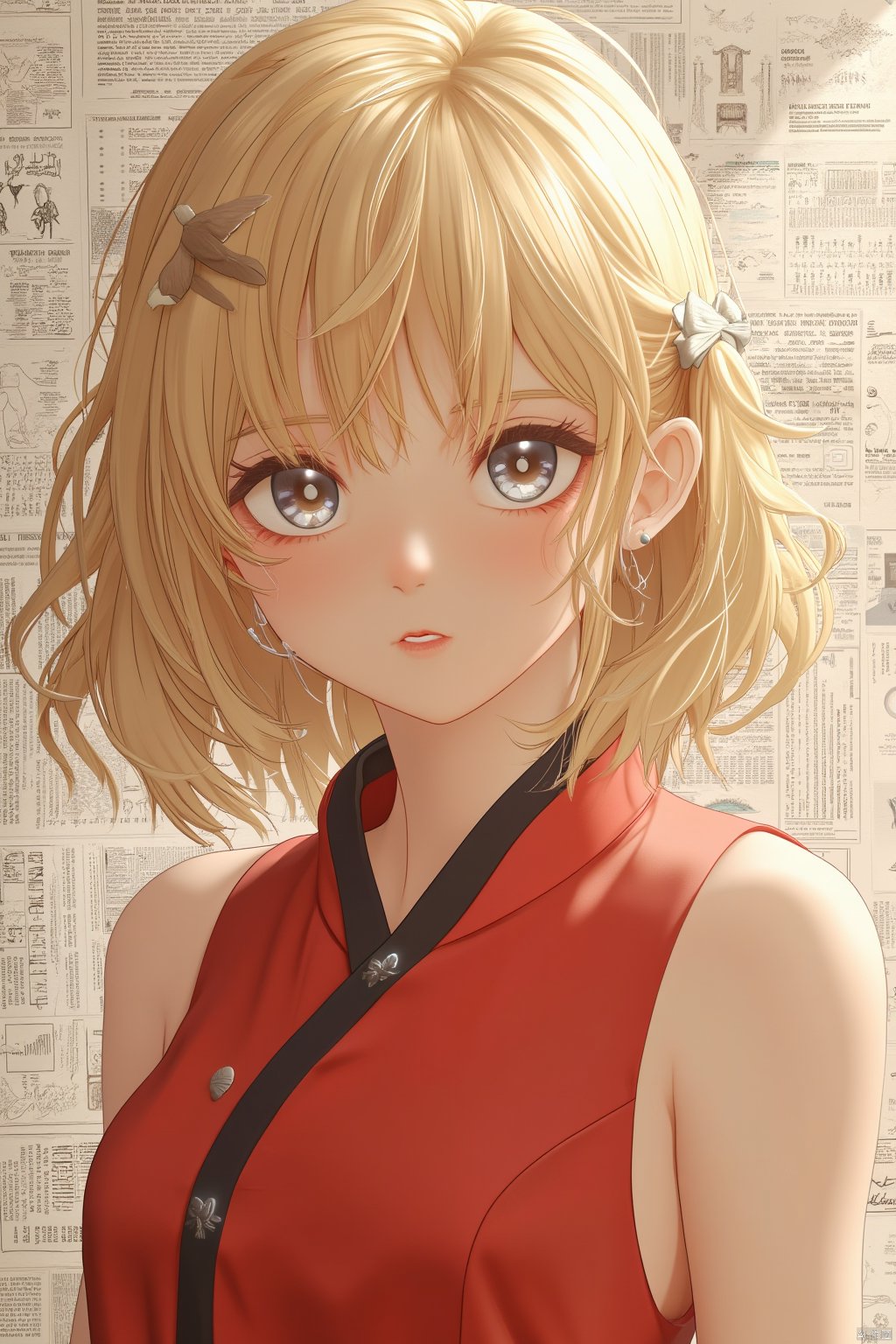 Anime style, beautiful Asian girl, cool feeling, Grey  eyes, high-end photos, Western beauty,  light yellow hair with a pinch of blue, red sleeveless vest, artist Sargent's color, realistic facial features, beautiful lighting, extremely beautiful facial details and delicate eyes, clear and three-dimensional facial features, 32K, niji style,ghibli style,Newspaper background