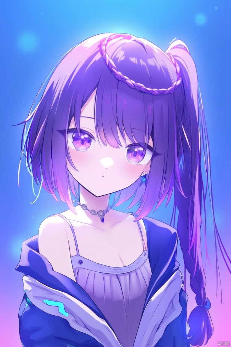 masterpiece,best quality,high quality,(colorful),loli,1girl,solo,long hair,looking at viewer,upper body,head tilt,blue theme,jacket,closed mouth,earrings,bare shoulders,off shoulder,jewelry,strap slip,collarbone,camisole,blue background,backlighting,pink background,multicolored hair,gradient background,simple background,hair between eyes,expressionless,spaghetti strap,blue jacket,shirt,sidelocks,glowing,Blur,float light, braid, mole, braided_ponytail, single_braid,purple hair,purple eyes,