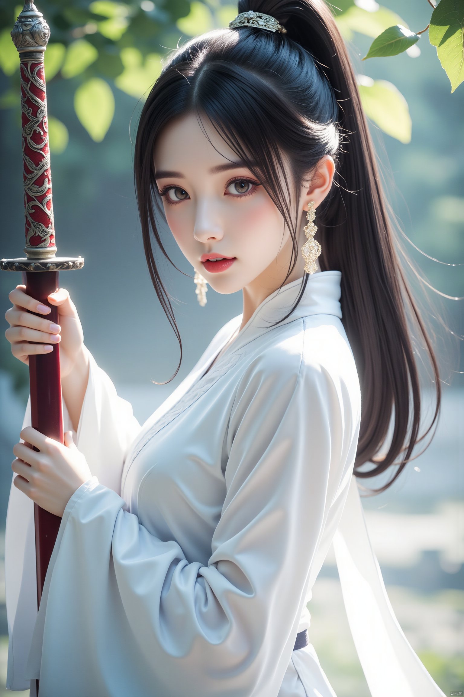 1girl, solo, long hair, looking at viewer, black hair, hair ornament, long sleeves, dress, holding, jewelry, ponytail, weapon, earrings, teeth, sword, white dress, mole, blurry, blurry background, leaf, holding sword, chinese clothes, realistic, hanfu