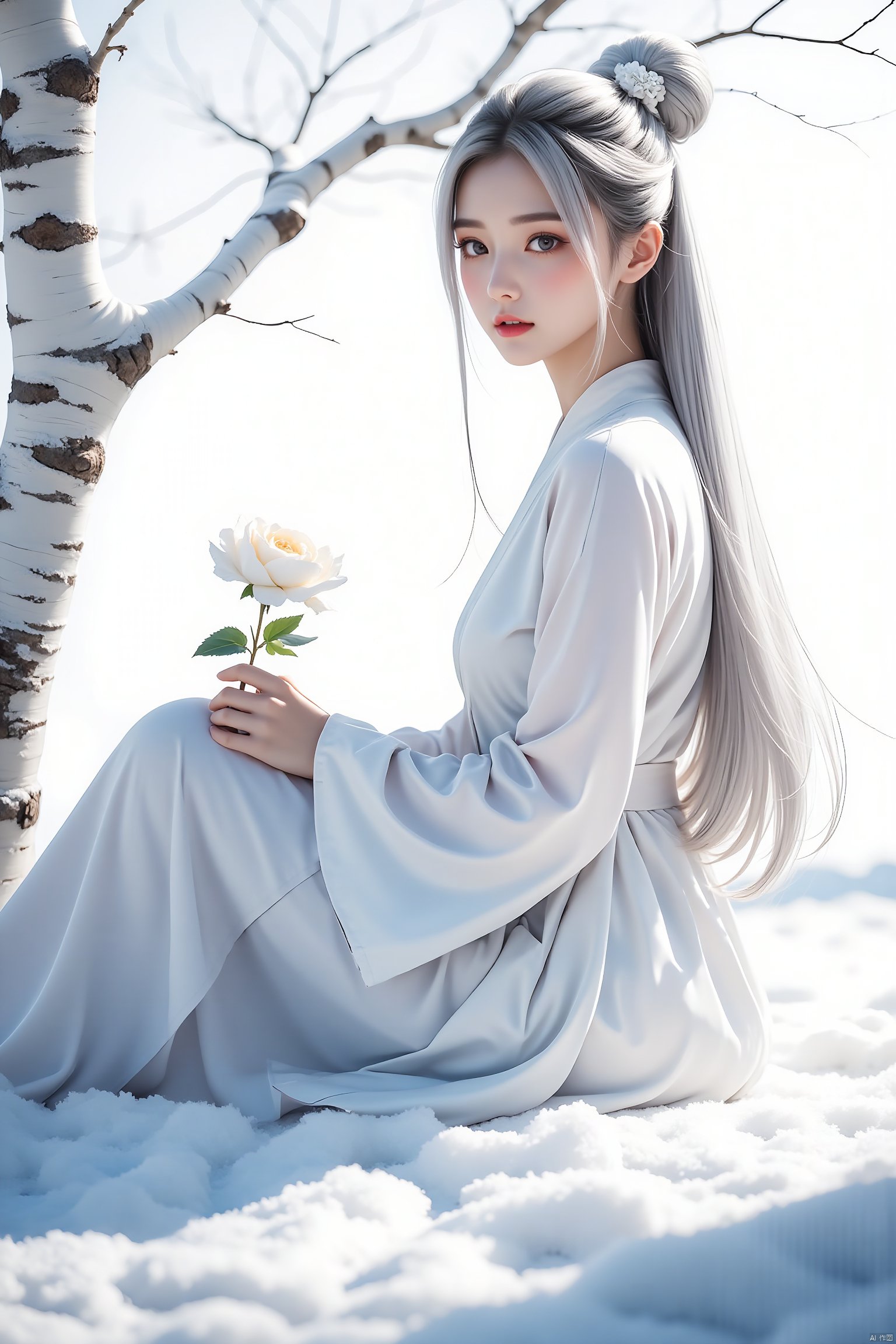 1girl,longhair,facetotheview,closeup,lookingatviewer,longdress,clothesflowing,zenatmosphere,whitebackground,sitting,silverlonghair,whiteairornament,whitehairbun,whiteflower,whitetree,outdoors,snow,singlehairbun,widesleeves,baretree,watermark,holding,holdingflower,longsleeves,robe,hairpulledback,day,novelillustration,highquality,8K,snow,longfenggua,